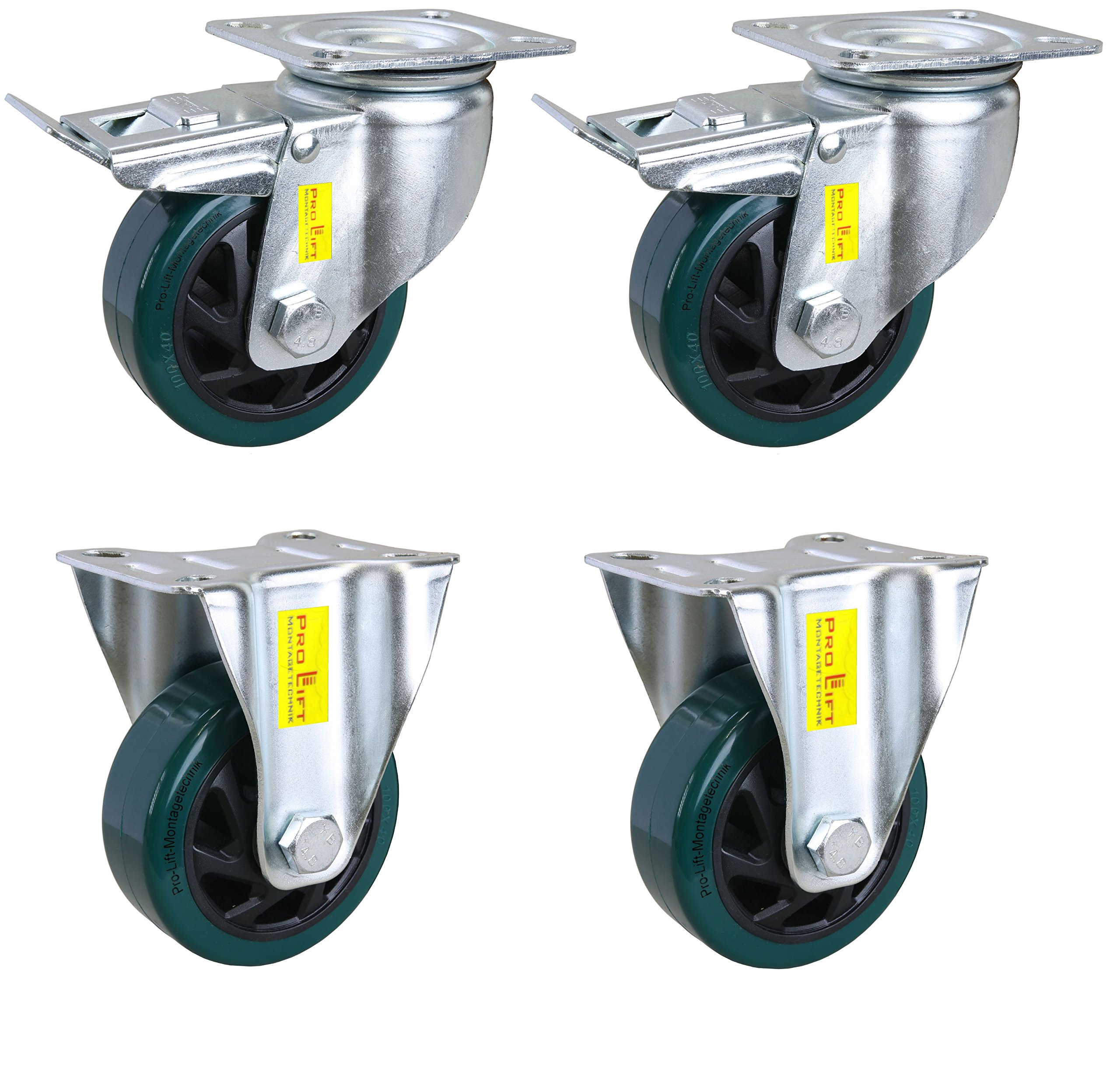 4 Stück: je 160kg Schwerlastrollen, 2 Lenk + 2 Bock, Bremse, grüner PU-Rollenbelag, 01399