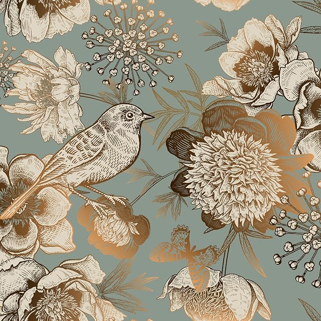 ReWallpaper Vintage Gold Floral Wallpaper Garden Bird Flower Peel and Stick Wallpaper for Bedroom Accent Wall 44.5cmx3m Dark Cyan Teal Vinyl Wrap for Furniture Sticky Back Plastic Patterned Green