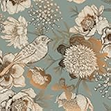 ReWallpaper 17.5in X 23ft Peel and Stick Wallpaper Antique Gold Teal Flowers & Birds Self Adhesive Removable Floral Wallpaper for Bedroom Renter Friendly Floral Contact Paper for Walls Cabinets Shelf