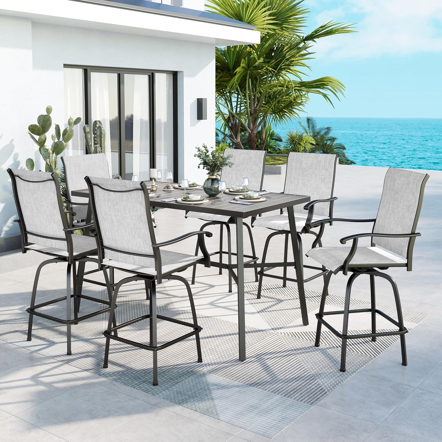 MFSTUDIO Patio Bar Set of 7, Outdoor Bar Height Table and Chairs, 1 x Heavy Duty Metal Slat High Top Bar Table with 6 x Swivel Outdoor Bar Stool, Foam Padded Fabric