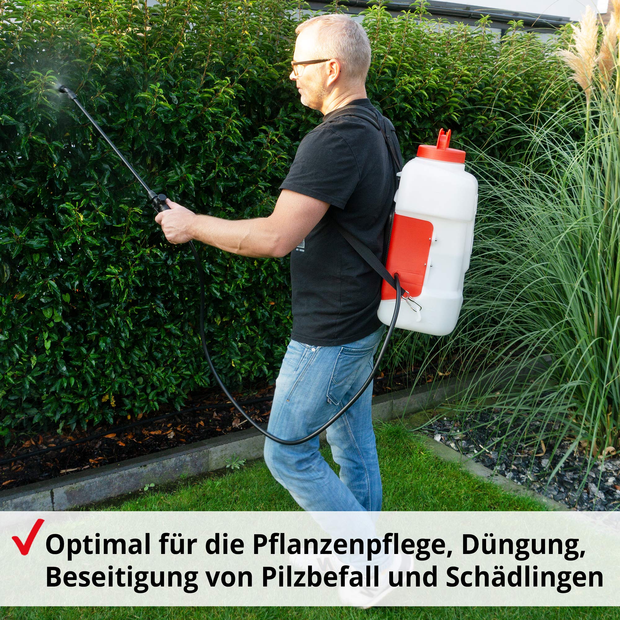 HECHT Akku Rückenspritze 16 L 2,5 Ah 2,5 bar Arbeitsdruck | Lithium-Ionen Akku, großer 16 Liter Behälter, 3 Düsen, ergonomischer Schultergurt, Drucksprüher 16 Liter