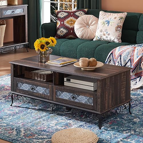 Miniatura 1 de OKD Mesa de centro bohemia de 48 pulgadas con cajones deslizantes, mesa de centro bohemia medieval rústica, detalles ornamentados, hermosa