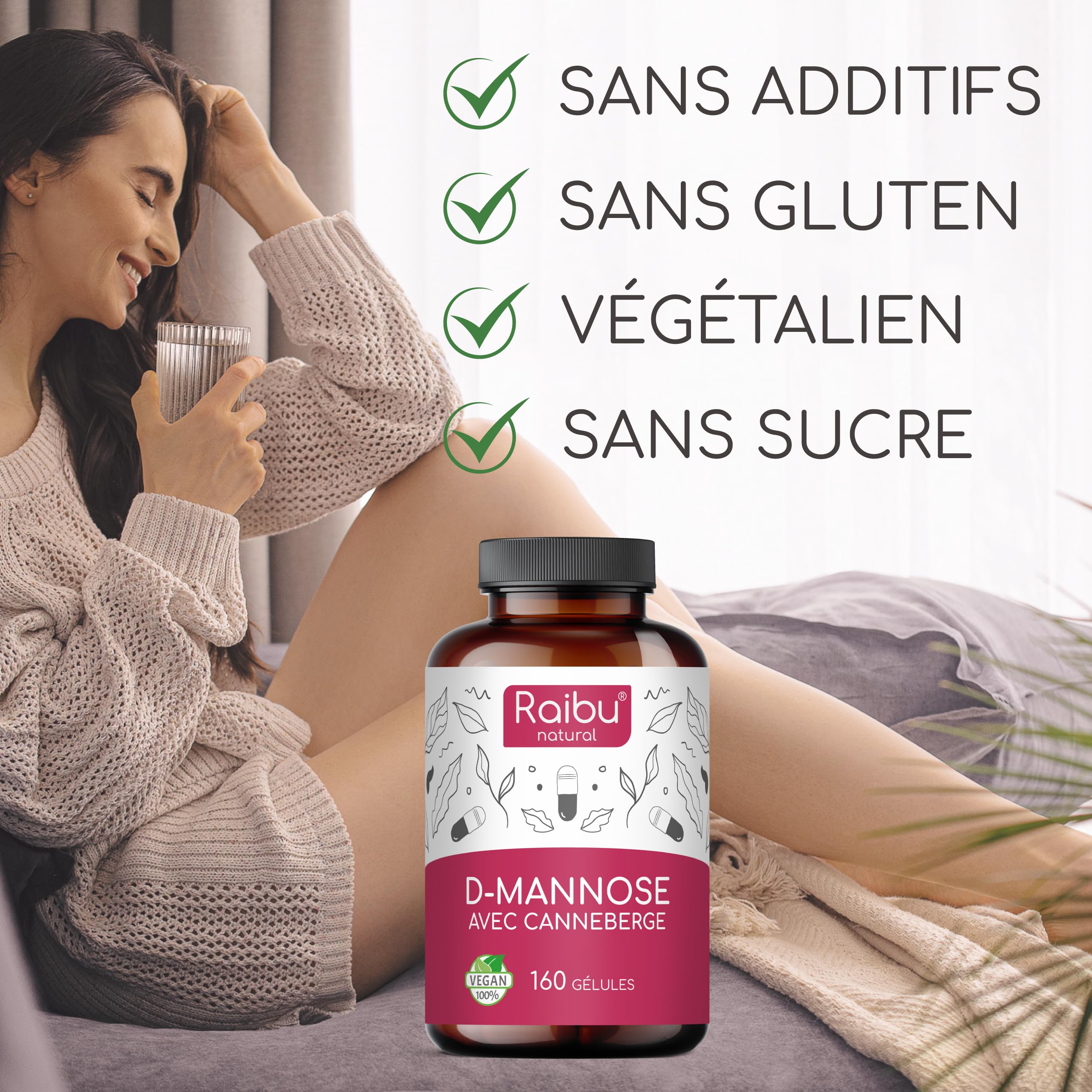 D-Mannose Raibu - Pur 2100 mg par Dose Quotidienne Fortement Dosée - Avec canneberge et vitamine C, 160 gélules - D Mannose Végan, sans additifs & hautement biodisponible - Testé en laboratoire
