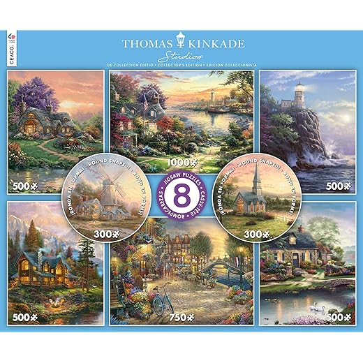 Ceaco - 8 in 1 Multipack - Thomas Kinkade - (2) Round 300 Piece, (4) 550 Piece, (1) 750 Piece (1) 1000 Piece Jigsaw Puzzles
