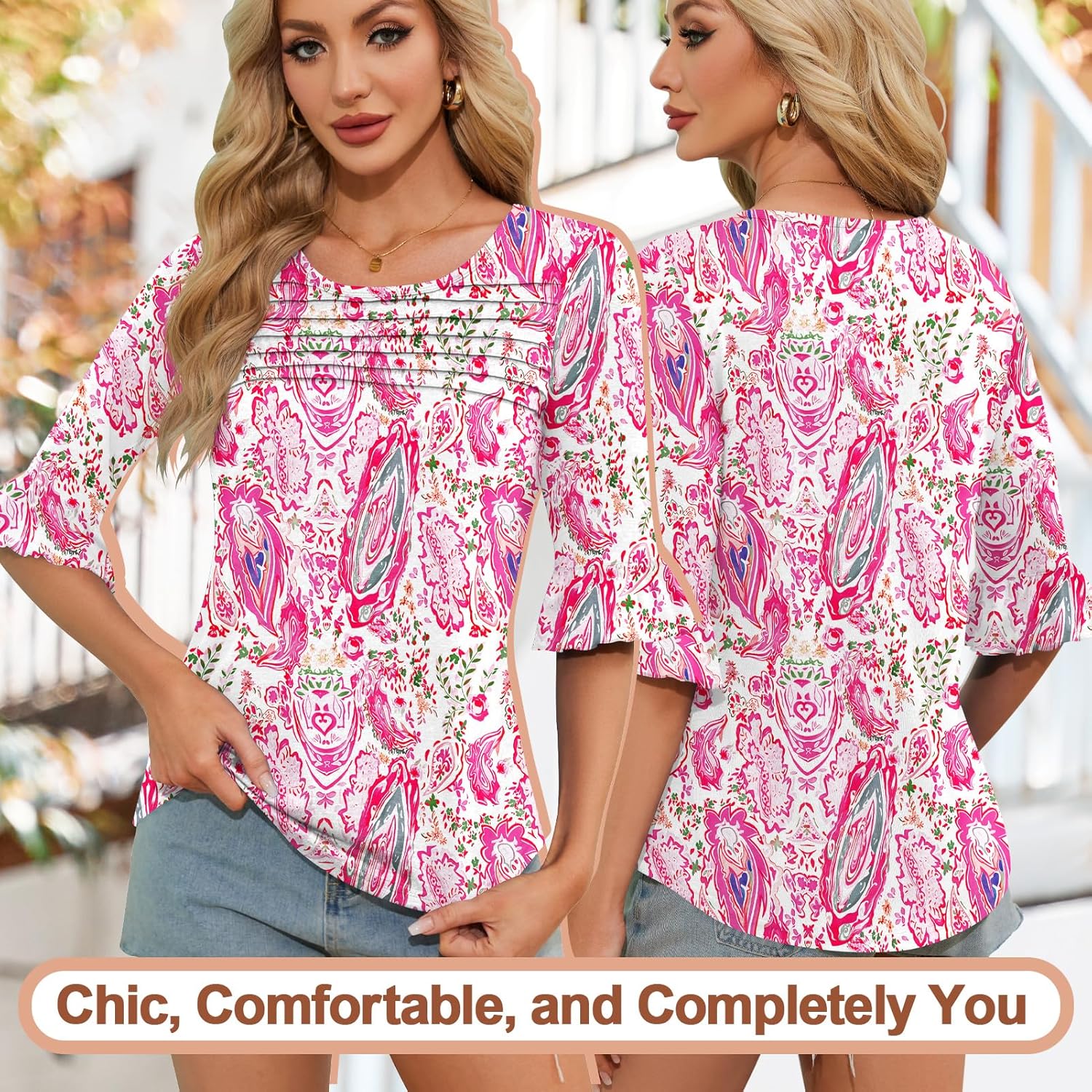 Blingfit Womens Tops 3/4 Length Sleeve Dressy Casual Shirts Bell Sleeve Front Pleated Fasion Trendy Summer Blouses 2026 - Image 2