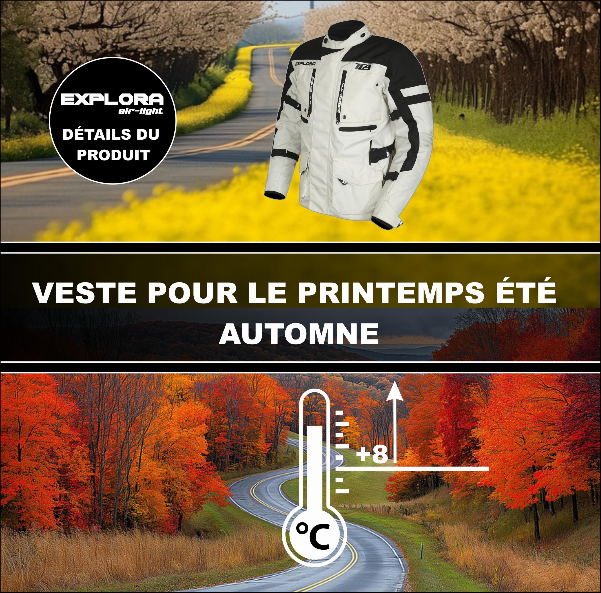 TLA EXPLORA LIGHT Veste moto avec protections homologuées CE classe A, doublure imperméable amovible, tailles jusqu'à 7XL homme, femme. Veste moto Enduro, Tourisme, Aventure, demi-saison, été