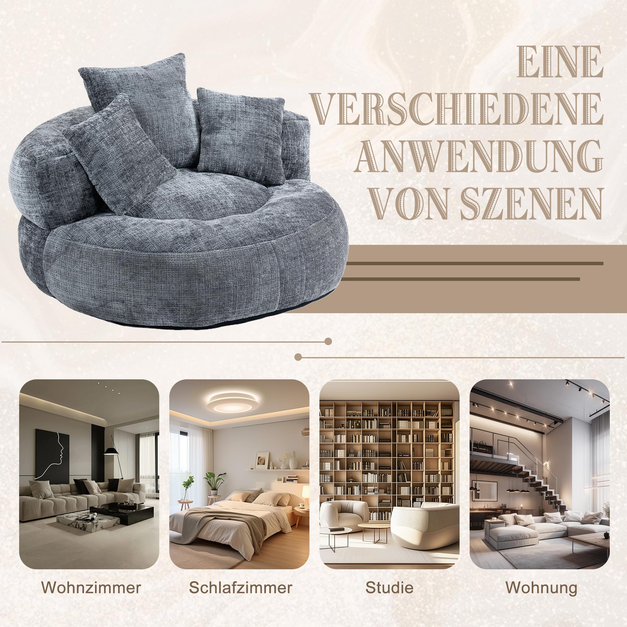 Sofá holgazán VIEKOS duradero y cómodo con respaldo alto, asiento de felpa en forma de bolsa para silla, sofá con TRES cojines para adultos y niños, para interiores y exteriores, sofá individual para