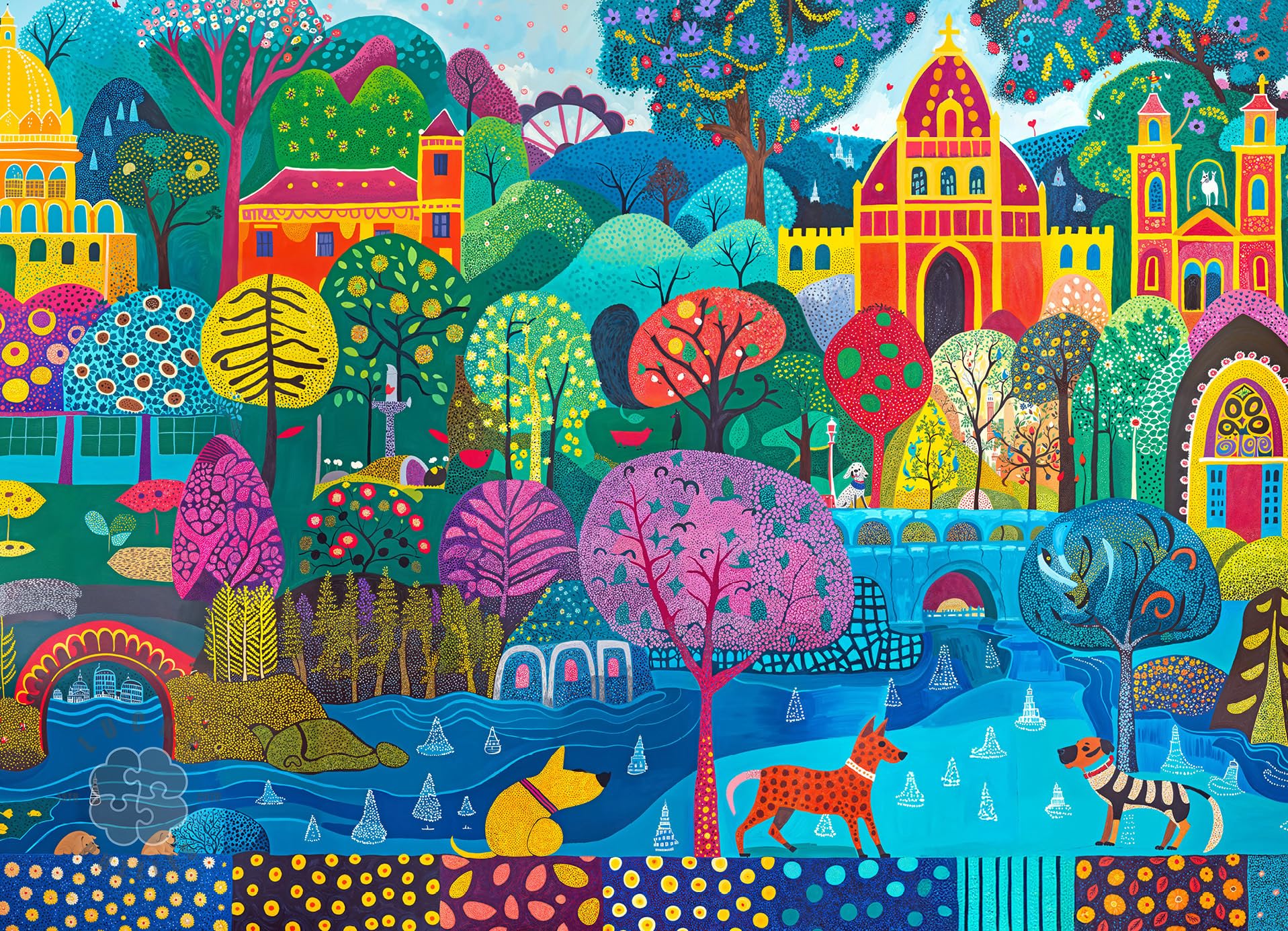 Lucky Puzzles – Dogs of El Retiro – 1000 Piece Jigsaw Puzzle for Adults | Colorful Folk Art Scene in Madrid’s El Retiro Park | Premium Puzzles for Adults 1000 Pieces | Eco-Friendly Materials