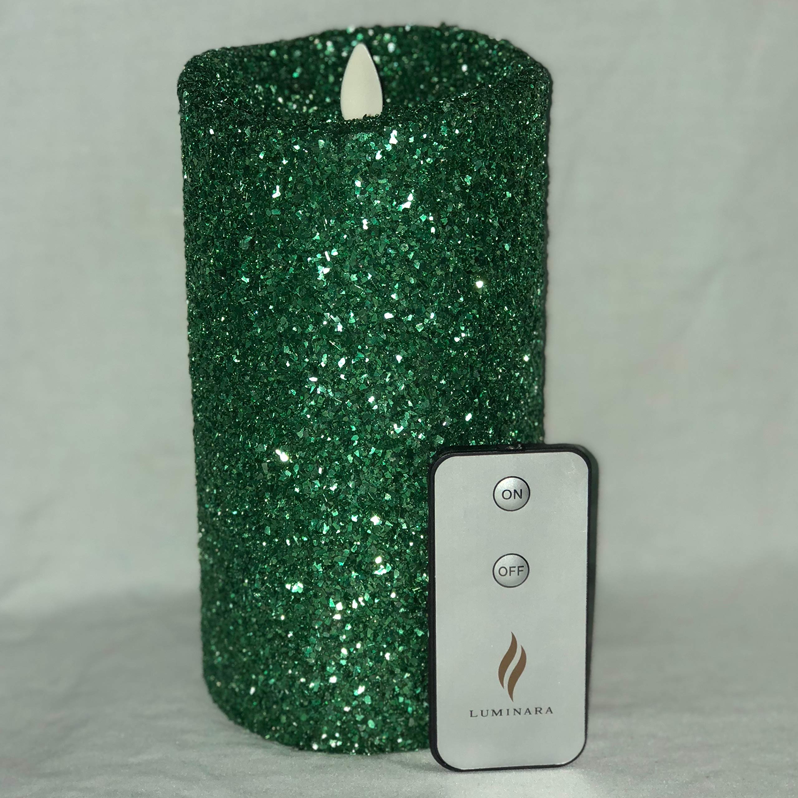 Luminara Vintage Green Glitter 7" Flameless Pillar Candles w/Remote