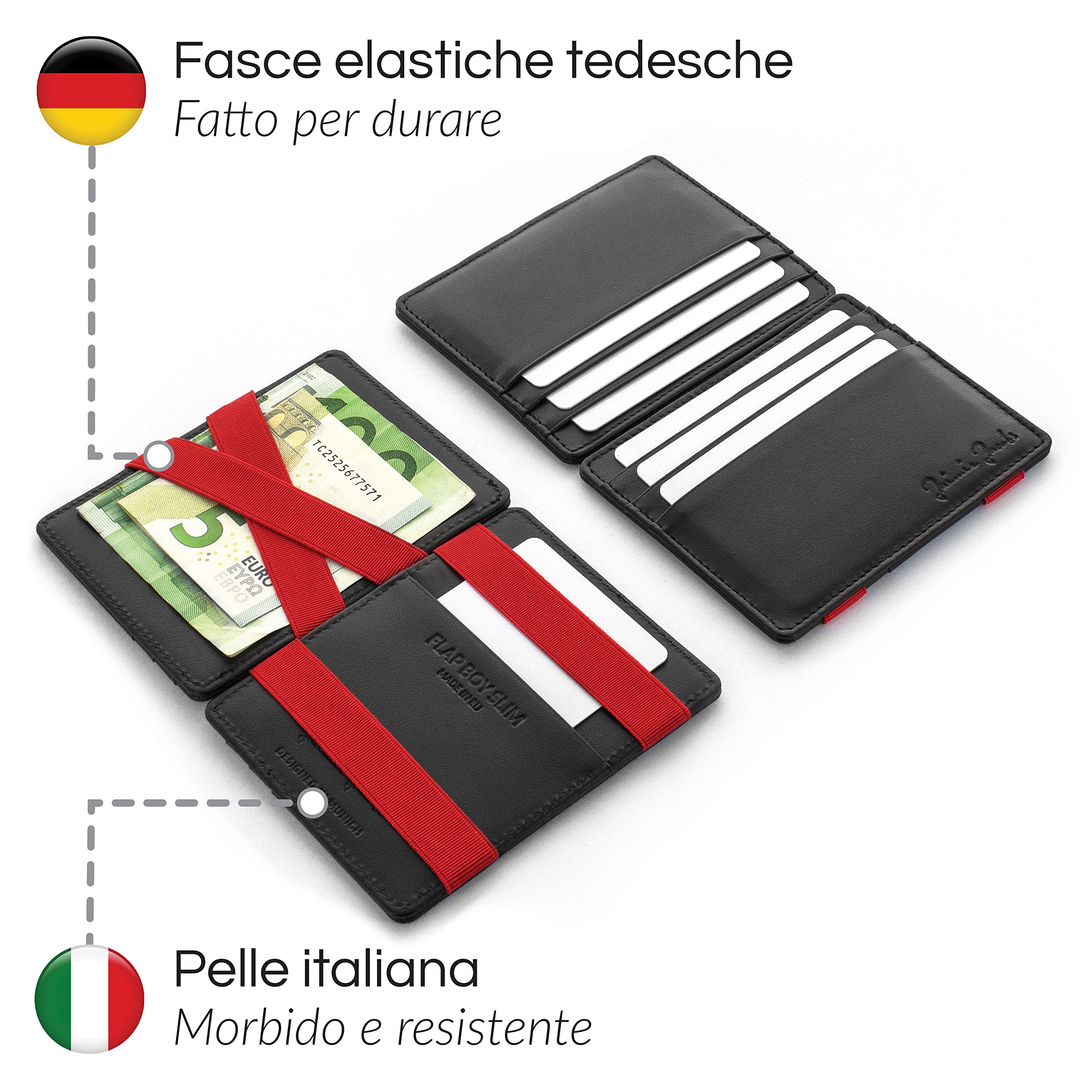 Jaimie Jacobs ® Portafoglio Magico, Magic Wallet Flap Boy Slim - l'Originale - Protezione RFID, Portafoglio Uomo Piccolo, Porta Carte di Credito Ragazzo, Porta Tessere Slim (Nero e Rosso)