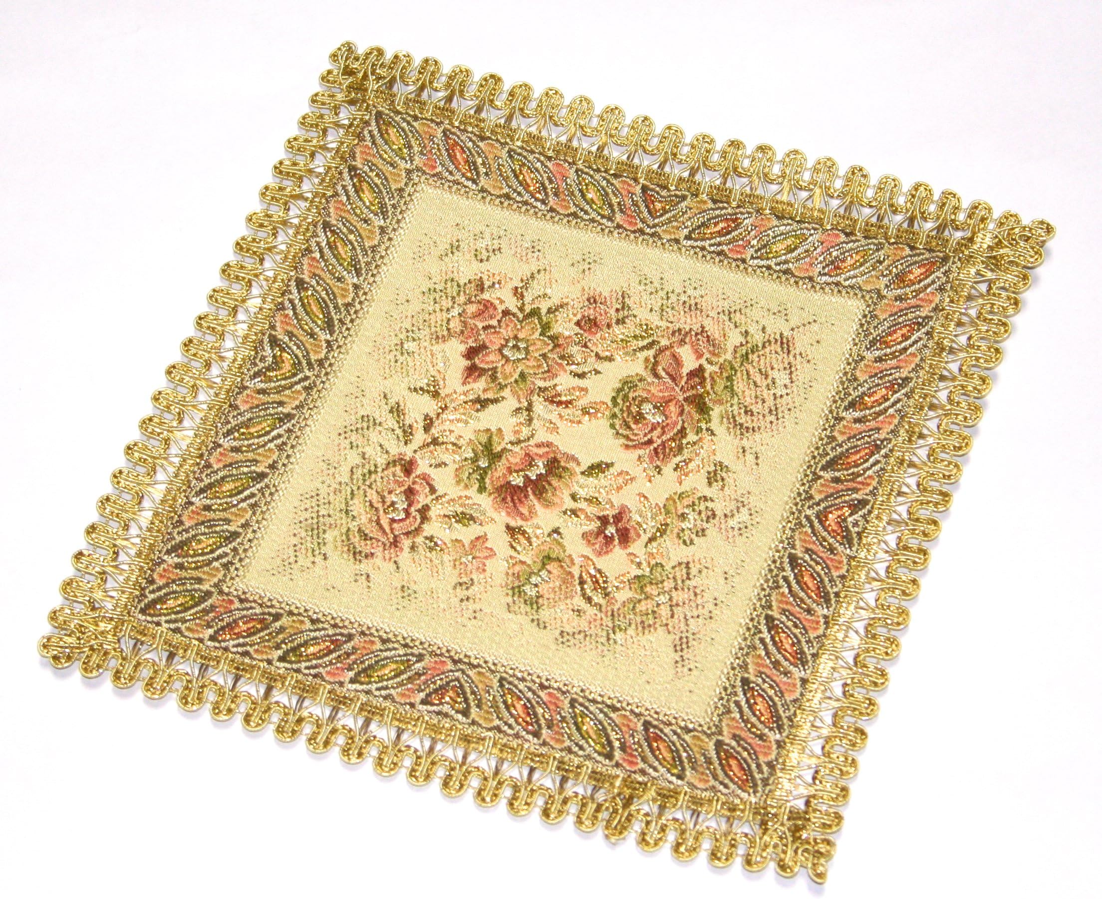 Sana Enterprises Swiss Woven Brocade 10” Square Placemat, Doily or Table Topper - Rose Pattern and Gold, with Decorative Fabrics and Artfully Embroidered with Lavish Floral and Gold Borders