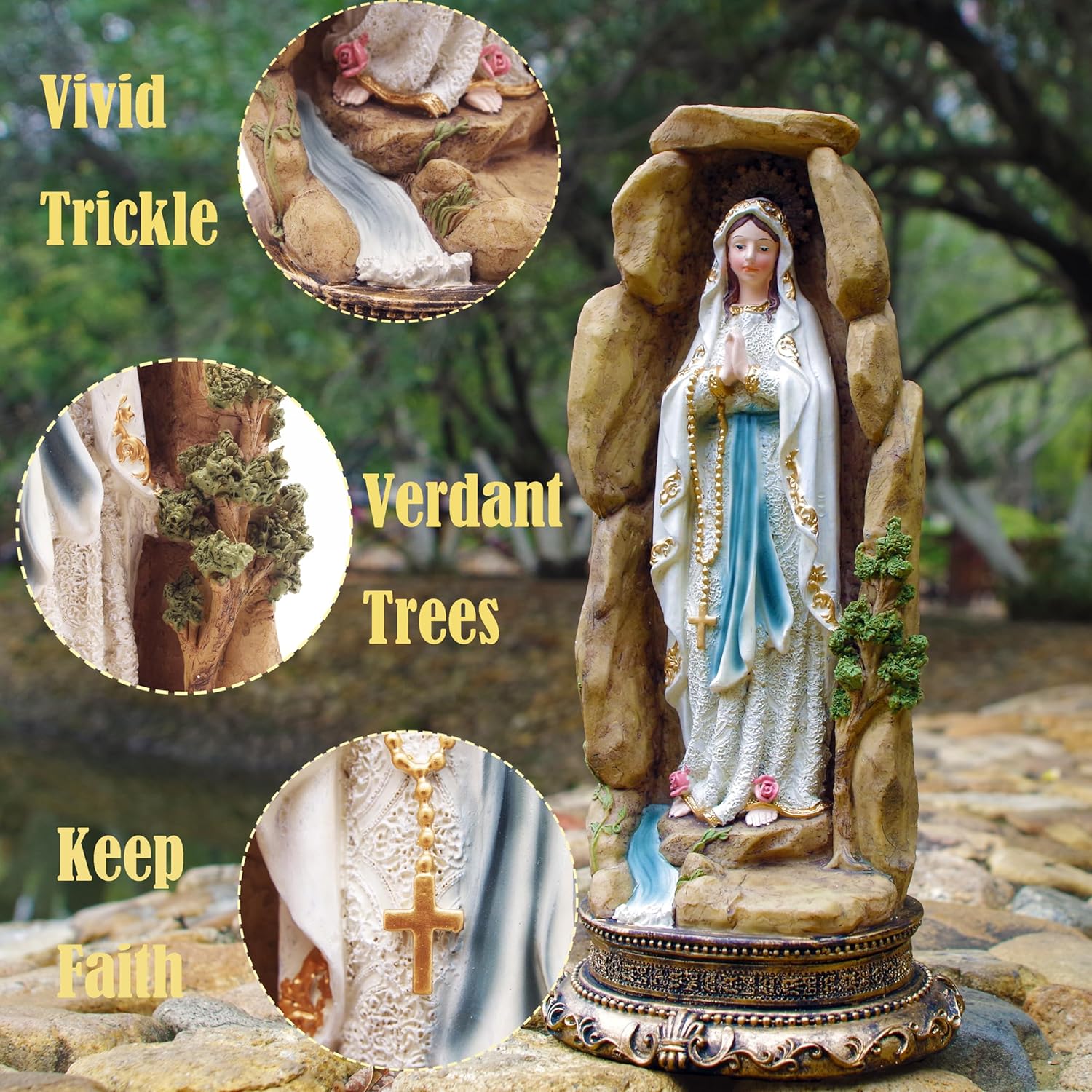 MeritMode Virgin Mary Collectible Figurines - Our Lady of Lourdes in Grotto Design, Handcrafted Resin Religious Gifts Decor for All Faiths, 12.5" H