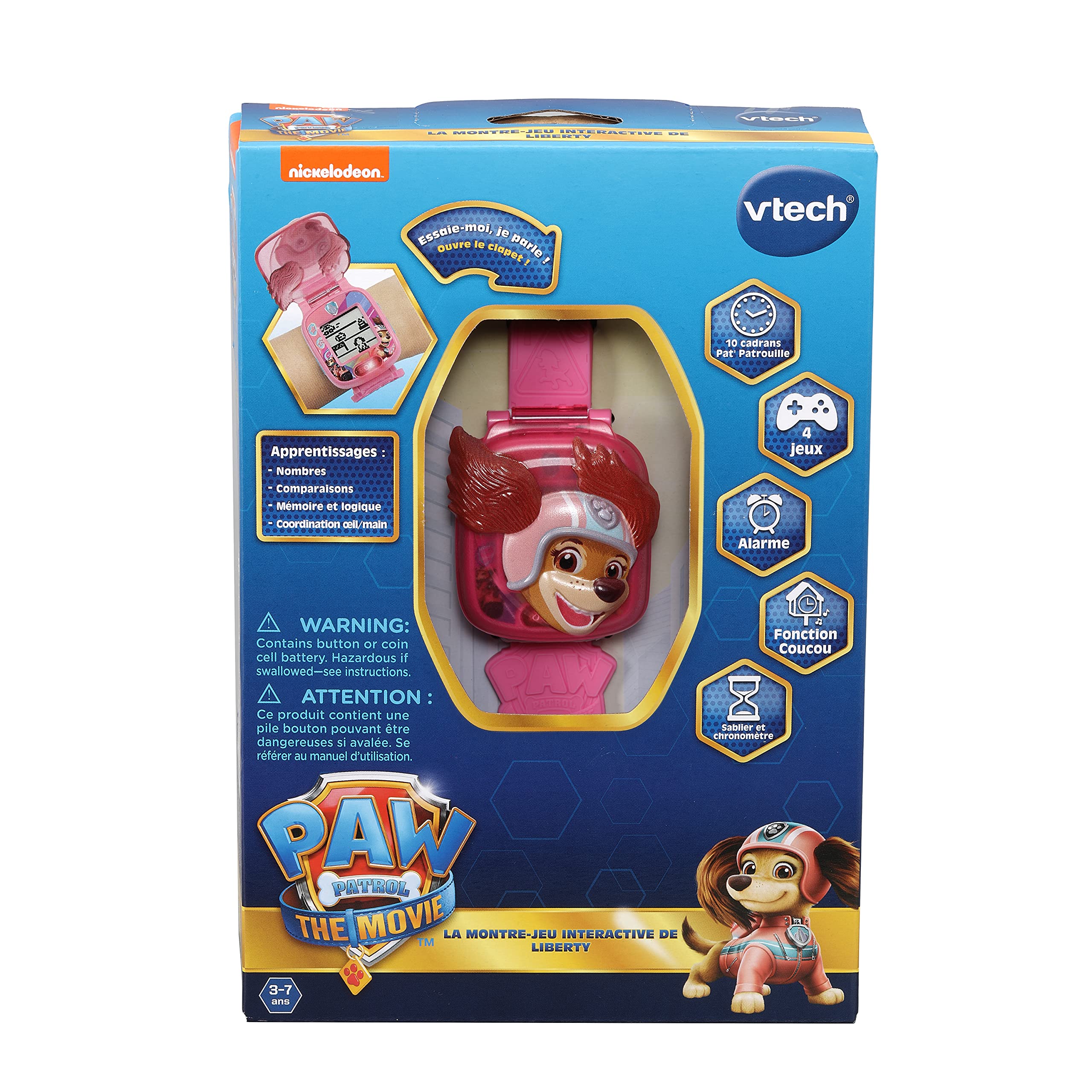 VTech - Psi Patrol Le Film, interaktywny zegarek do gier Liberty, zegarek dla dzieci z klapką, animowany ekran, miękki pasek, 10 tarczy, 4 gry, prezent dla dzieci w wieku od 3 lat do 7 lat - Zawartość