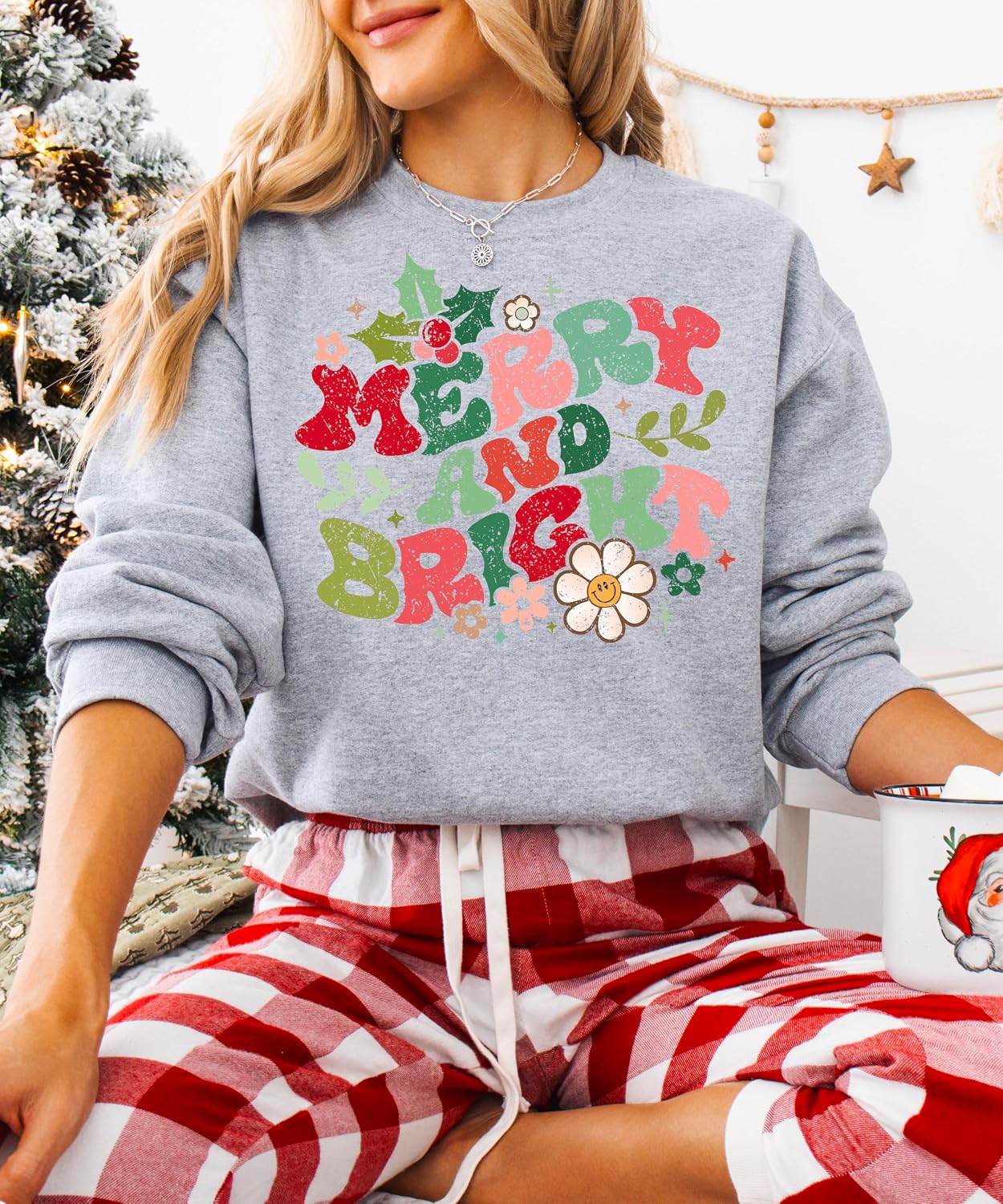 Distressed Floral Merry and Bright Sweatshirt for Women and Teens Trendy Holiday Pullover