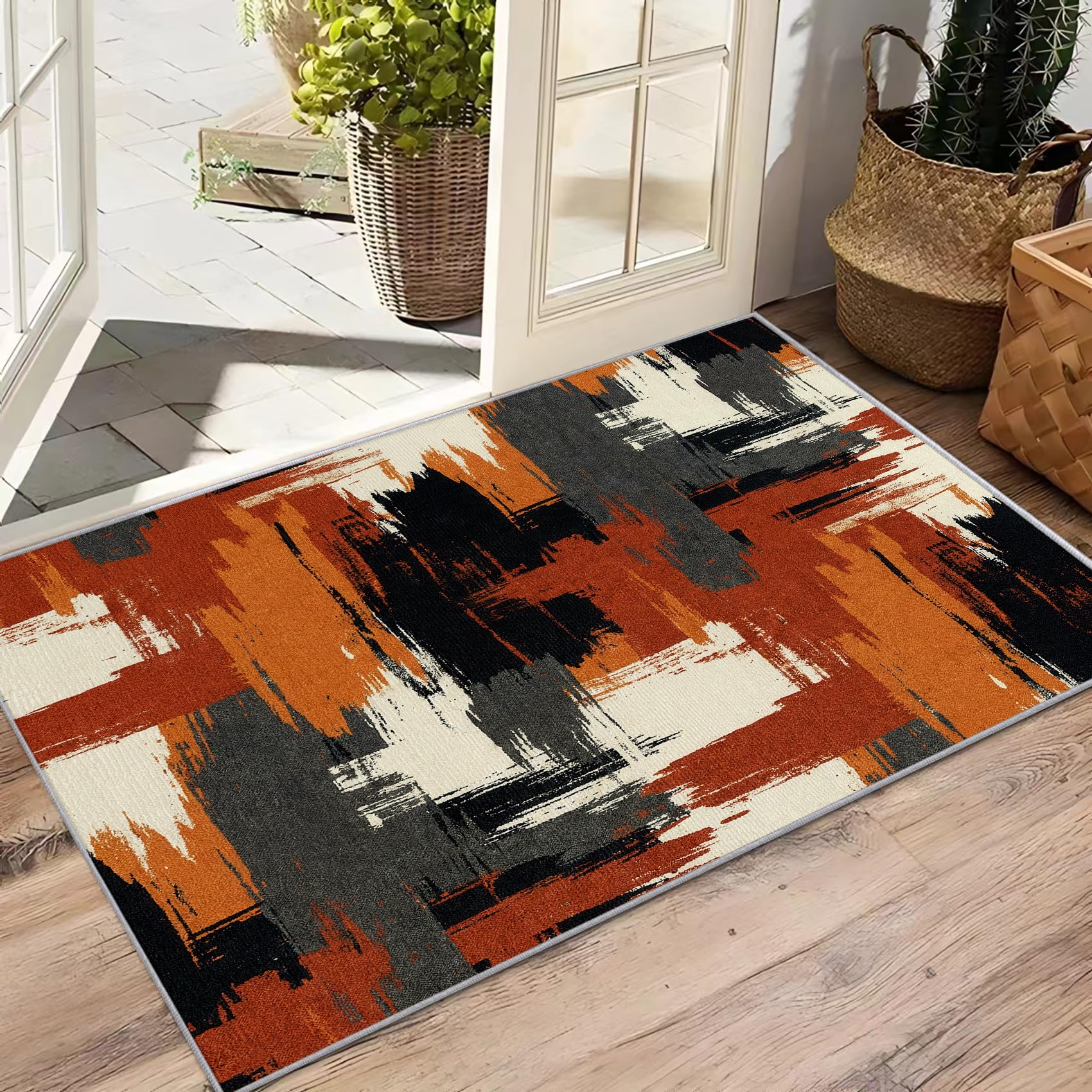 Teppich Terrakotta Abstrakt - Teppiche Wohnzimmer Schlafzimmer Beige Orange, Großer Teppich Vintage Graffiti, Weich Kurzflor & Waschbar & rutschfest Wohnzimmerteppich 200x300 cm