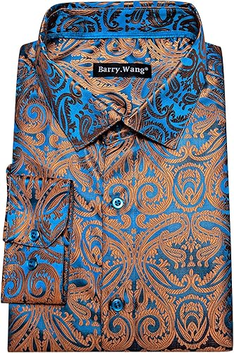 Vista 5 de Barry.Wang Camisa de vestir para hombre, de seda, de cachemira, de manga larga, con botones, formal, para boda, ajuste regular, para fiesta