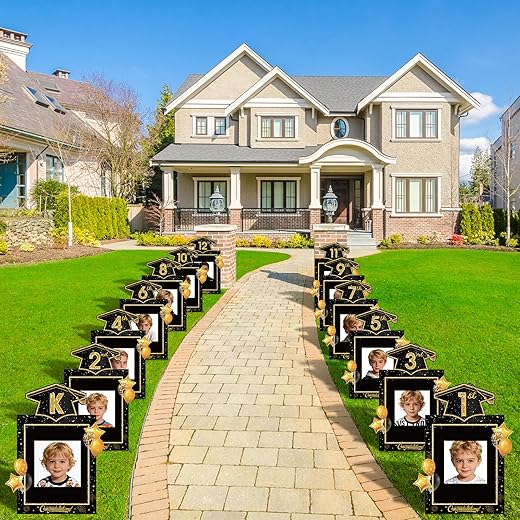 13 Pcs 2026 Graduation Yard Sign, Class of 2026 K-12 DIY Name Yard Sign with Metal Stakes, Congrats Grad Lawn Decor for Kindergarten to High School Outdoor Grad Party Supplies, Black and Gold