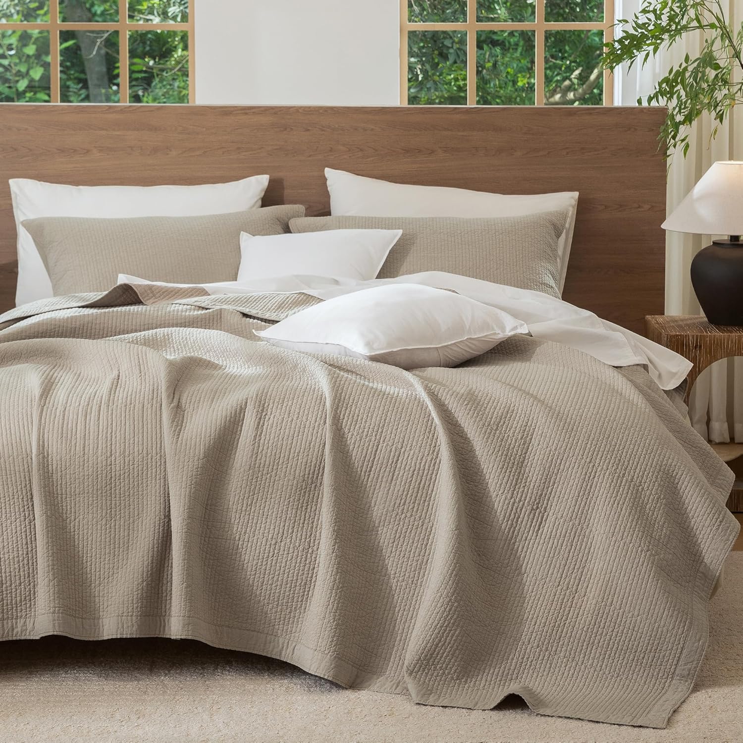MooMee Stripe Stitch Quilt Set 100% Washed Cotton Coverlet Bedspread Linen Like with Cotton Batting Fill Soft Breathable Lightweight for All Seasons (Tannish Linen Grey, King)