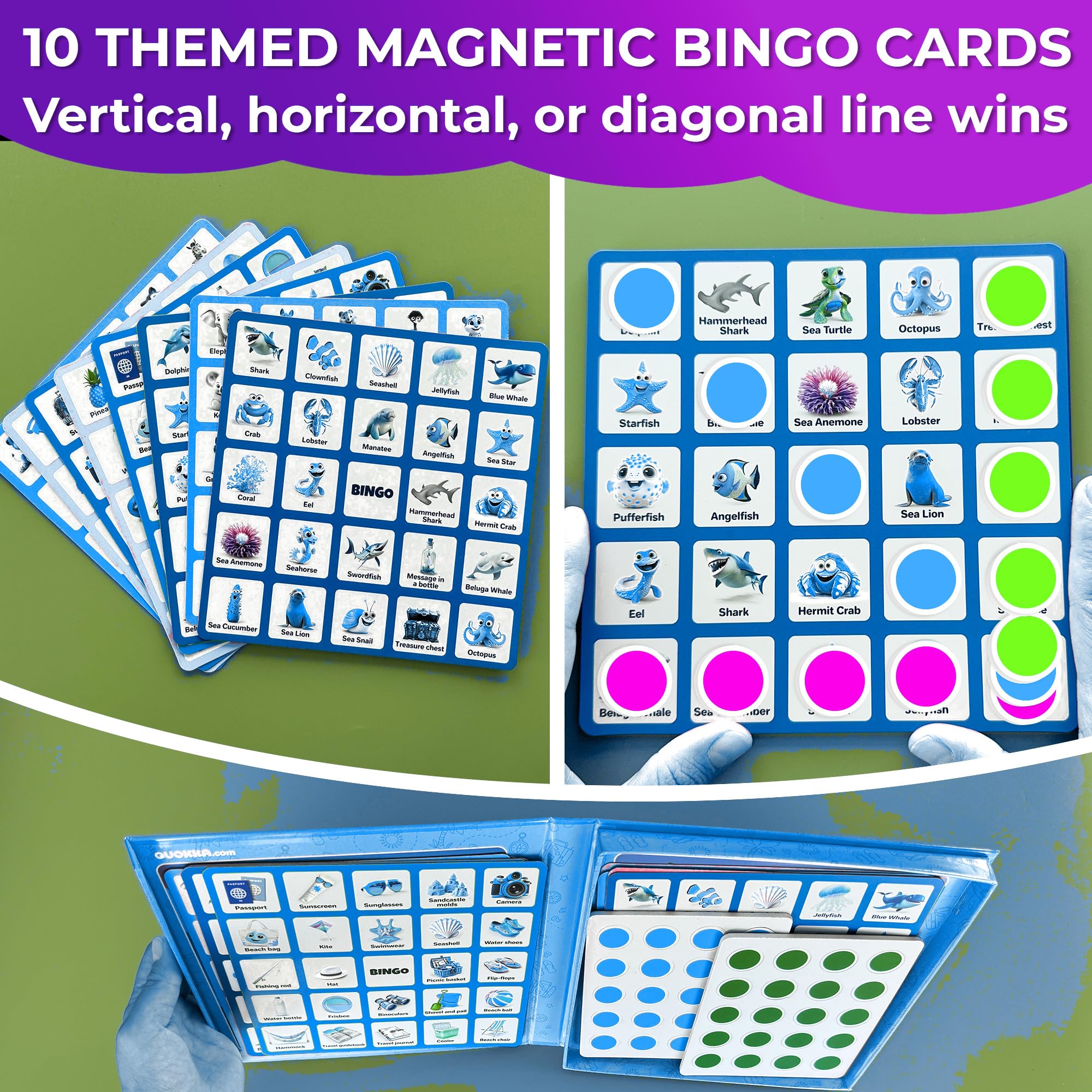 QUOKKA Bingo Gioco 3 4 5 Anni - Giochi da Viaggio Bambini 2 3 4 Anni - Mini Giochi Magnetici - Intrattenere Bambini in Aereo et Auto - 40 Fiches Magnetiche - 10 Carte Bingo con Parole