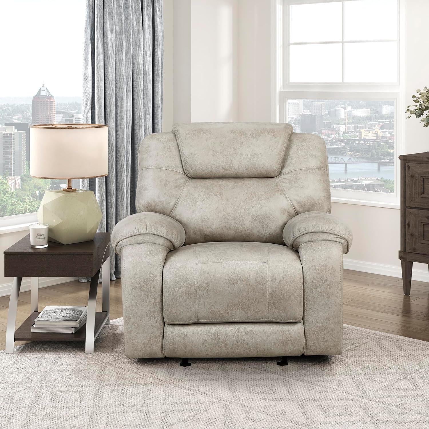 Lexicon Manual Glider Recliner Chair, Polished Microfiber Upholstered Manual Tab Pull Reclining Nursery Chair for Living Room, Pillow Top Armrest, Padded Headrest, Easy Assembly, Pewter