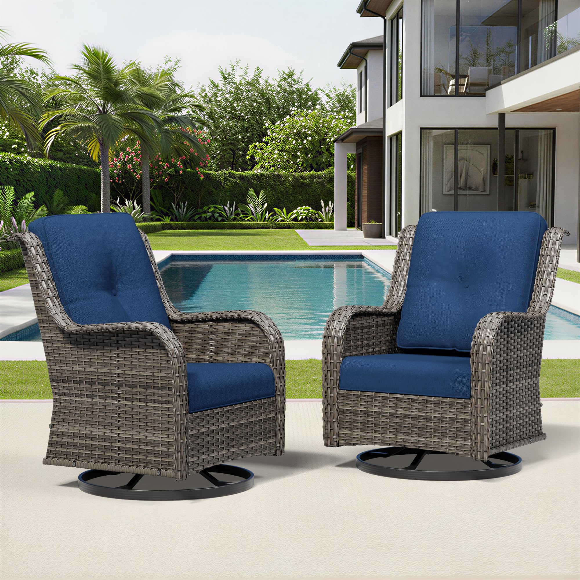 Joyside Swivel Patio Chairs Set of 2, Wicker Patio Furniture with High Back, Deep Seating, Wide Armrest, Thickened Cushions, Outdoor Rattan Furniture for Deck, Porch Use