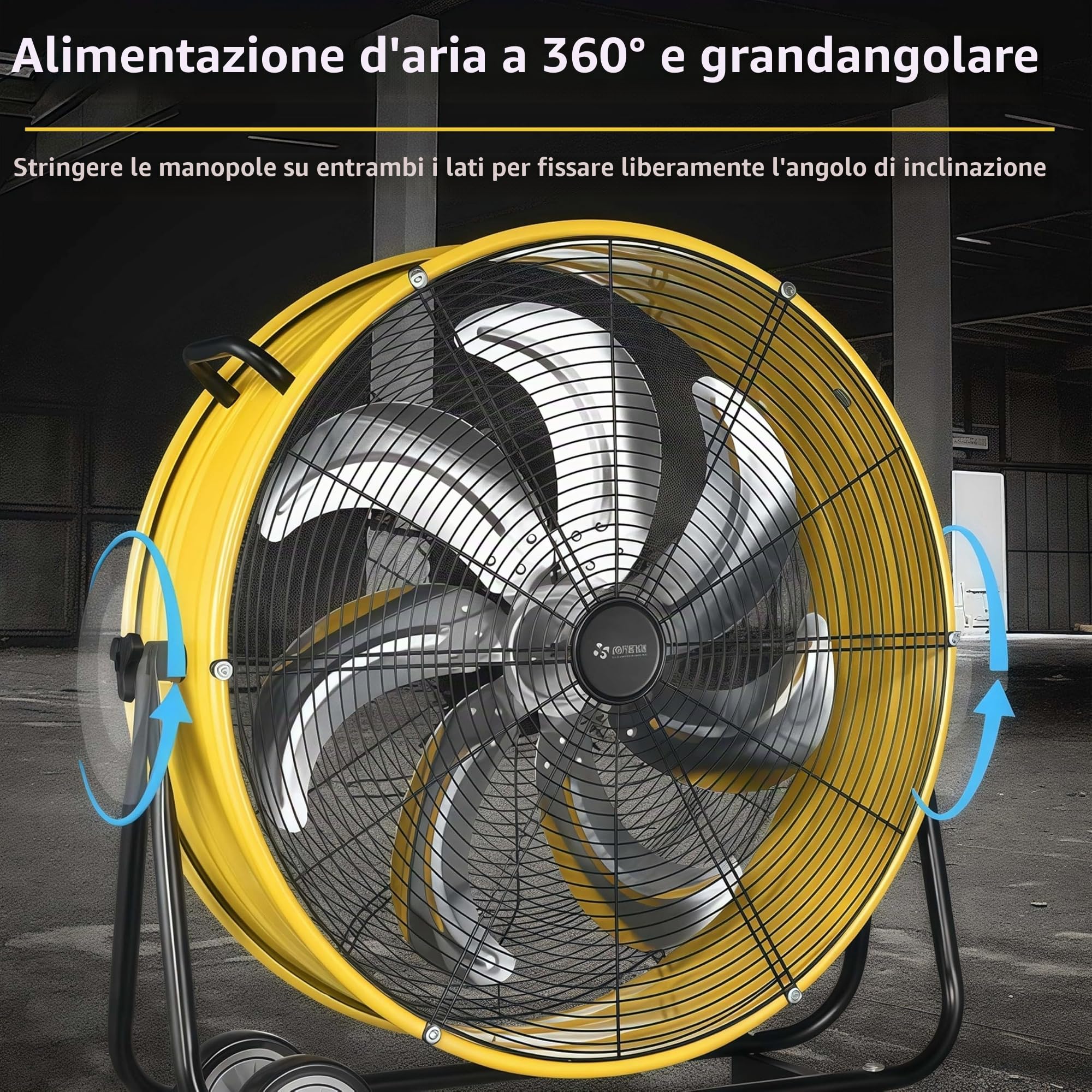 Grande ventilatore industriale a tamburo a 3 velocità, ventilatore da pavimento ad alta velocità con ruote e maniglia incorporate per garage, magazzini, officine, fabbrica e seminterrato