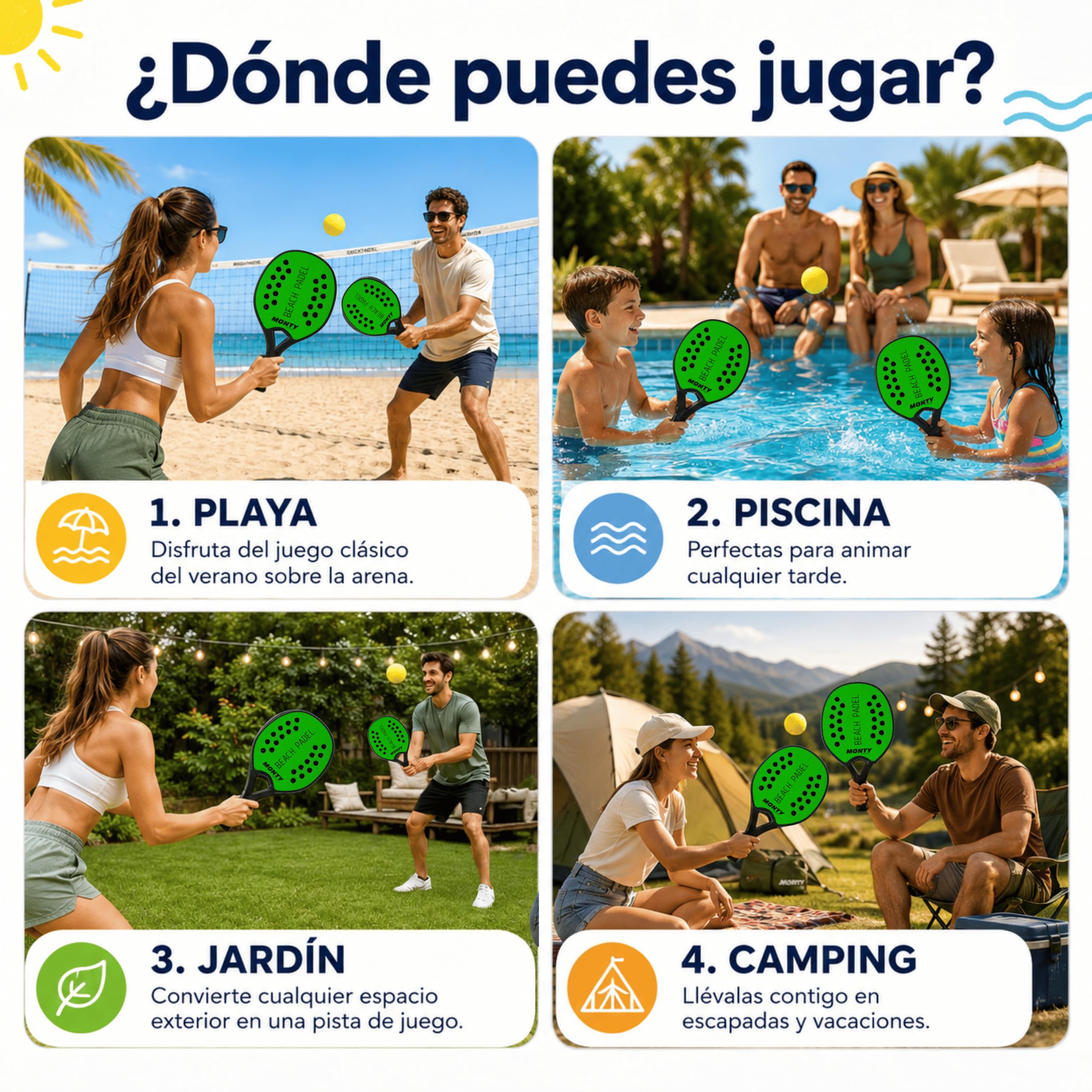 MUNTRADE Set de 2 Palas Beach Padel con Pelota Blanda Incluida | Raquetas Verdes de Playa Resistentes al Agua | Palas Beach Tennis para Niños y Adultos | Juego Exterior para Playa, Piscina y Jardín