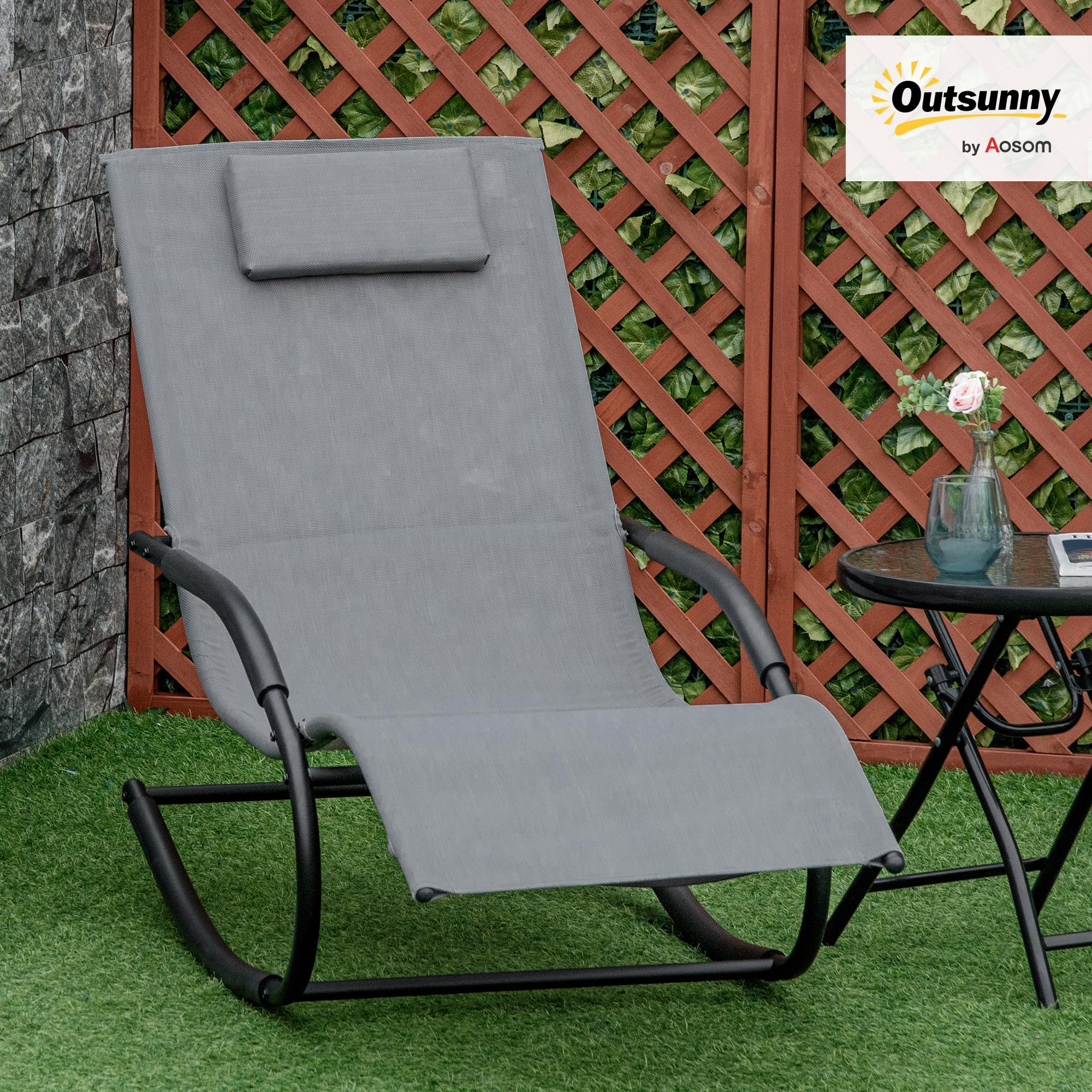 Outsunny Chaise Longue à Bascule Rocking Chair Ergonomique avec tétière accoudoirs métal galvanisé textilène dim. 62l x 150P x 84H cm Gris