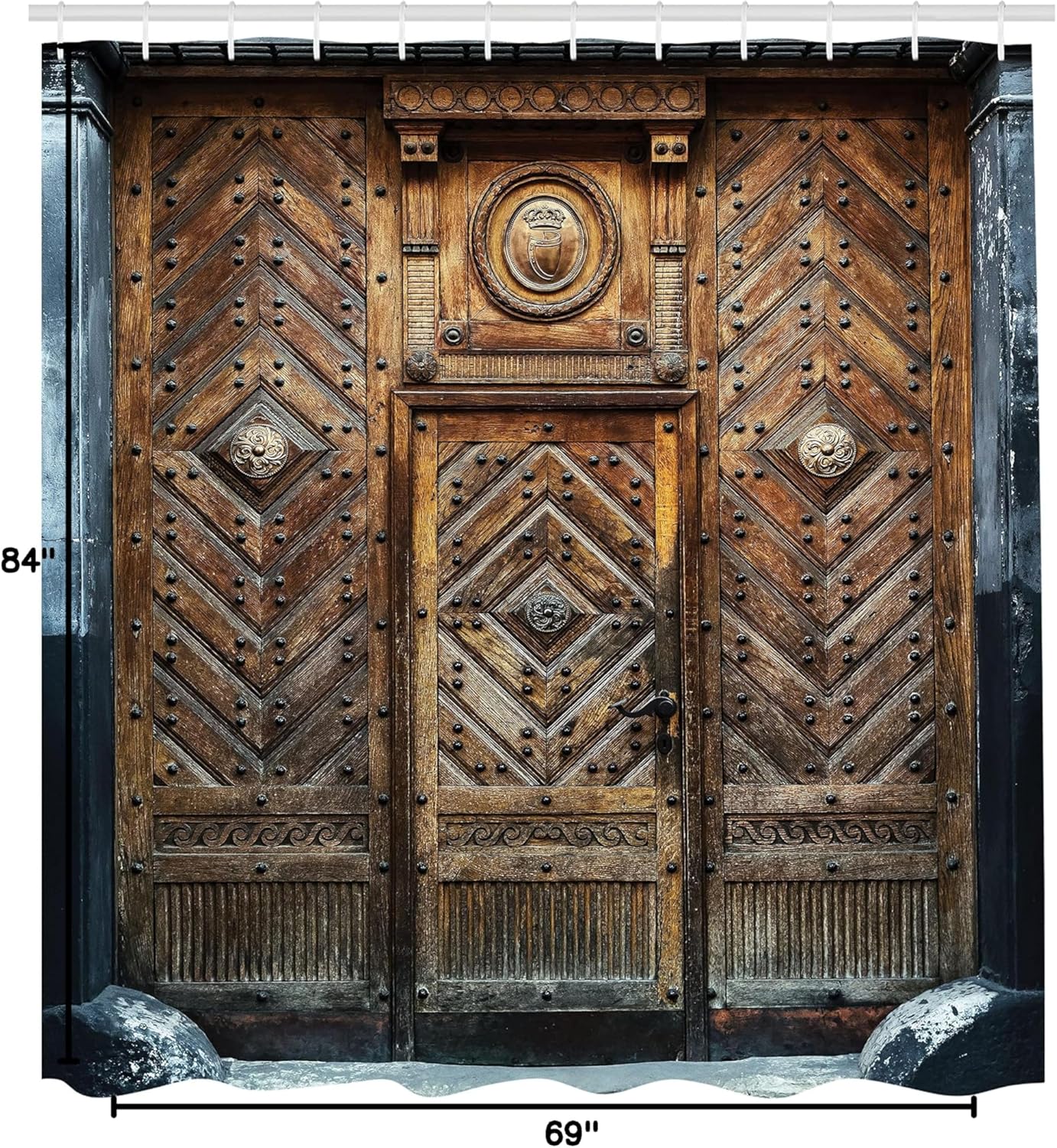 Ambesonne Rustic Shower Curtain, Old Door Frame Traditional Ornament Strong Rusty Front Gate with Chevron Design, Cloth Fabric Bathroom Decor Set with Hooks, 69" W x 84" L Extra, Dimgray Brown
