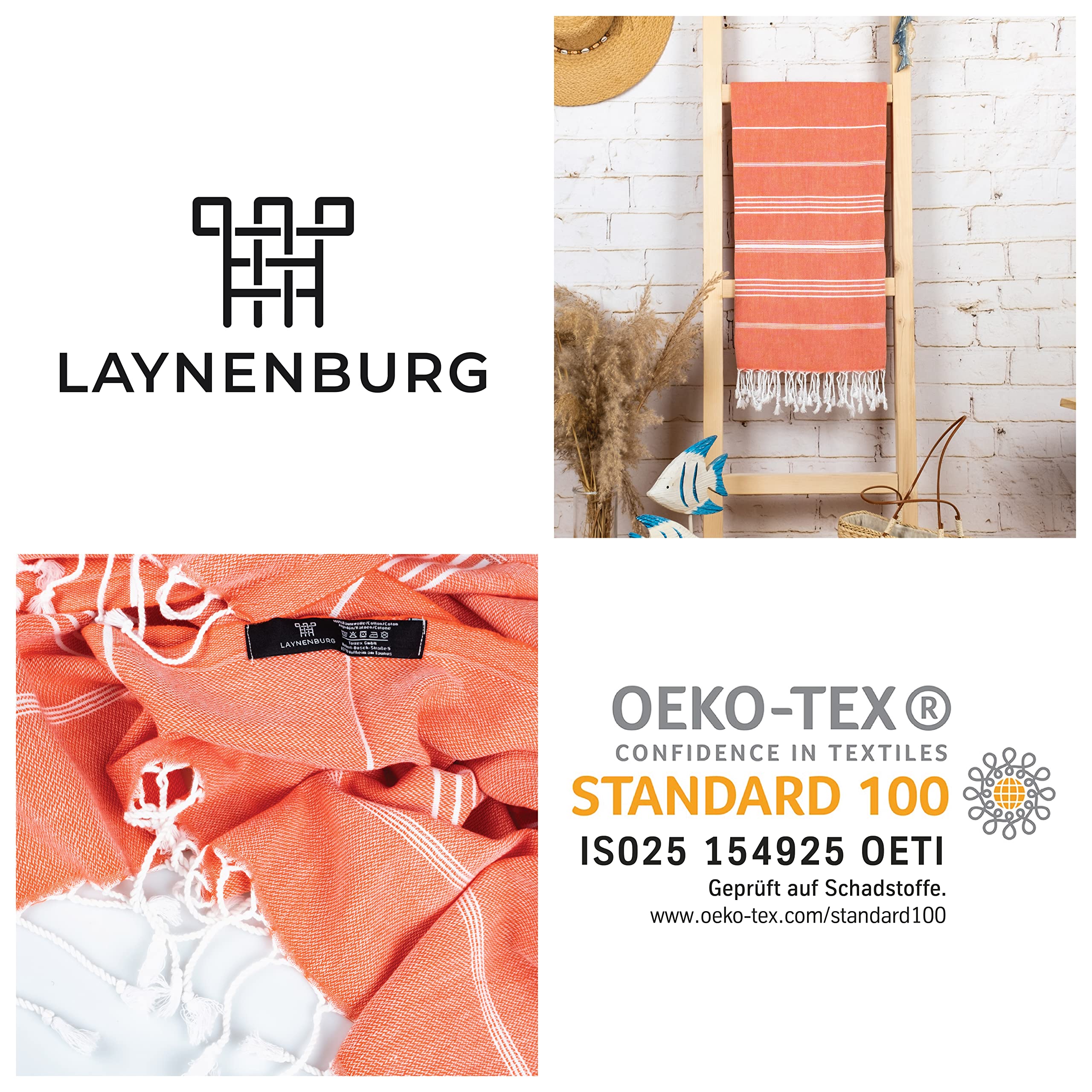 LAYNENBURG Ręcznik premium z ręcznie wiązanymi frędzlami, do łaźni tureckiej, sauny, plażowy, 100% bawełna, Oeko-Tex 100, duży, podróżny, rozmiar XXL, 100 x 200 cm, zestaw 2 szt., koralowy