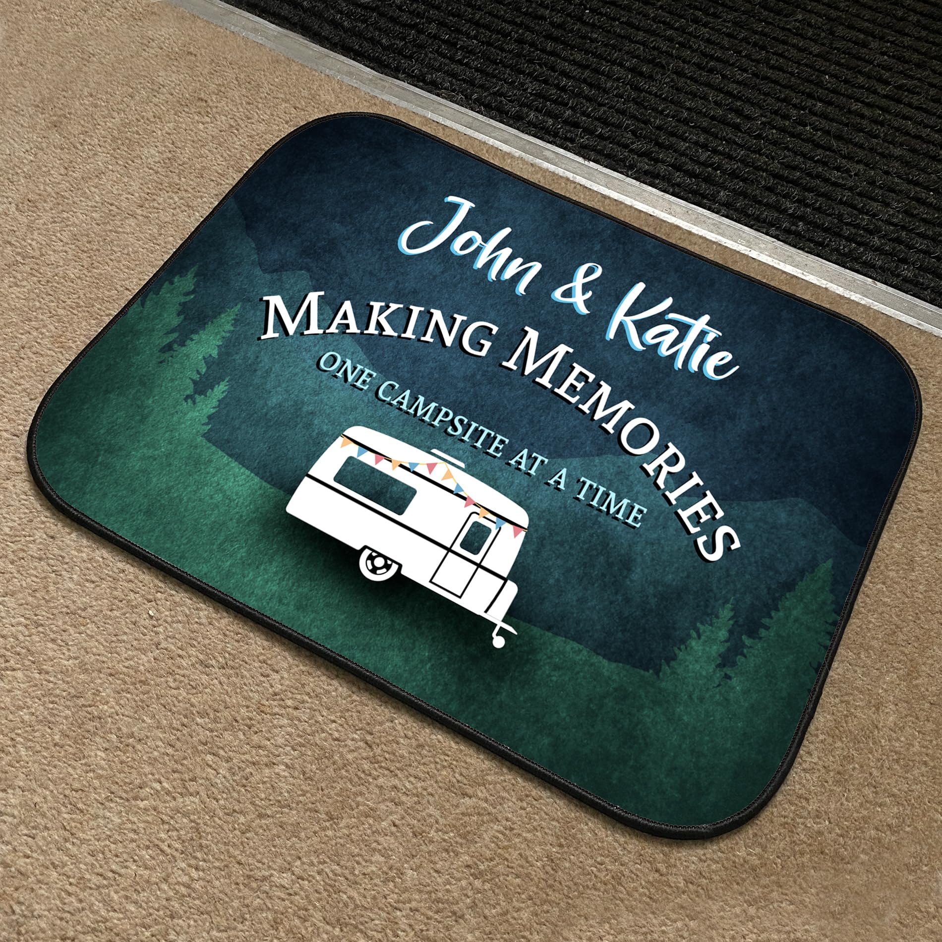 Artylicious Personalised Caravan Door Mat - Making memories, Blue custom mobile small home Indoor mat 44cm x 32cm flexible neoprene rubber- camping accessories (Blue)