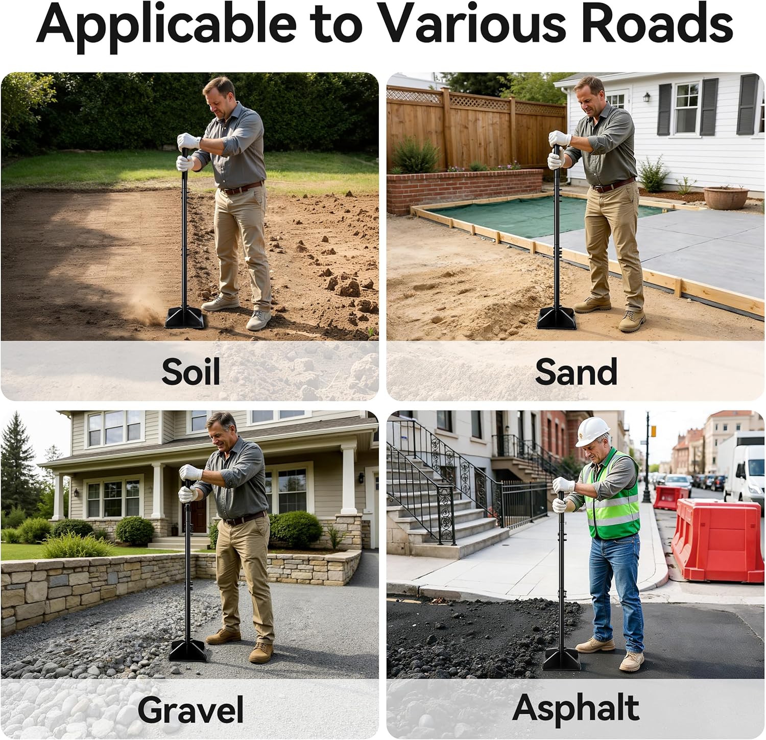 Heavy Duty Steel Tamper, 48" Handle Tamper with Comfortable Rubber Grip, 8×8" Garden Tamper Tool for Soil, Gravel, Asphalt & Lawn