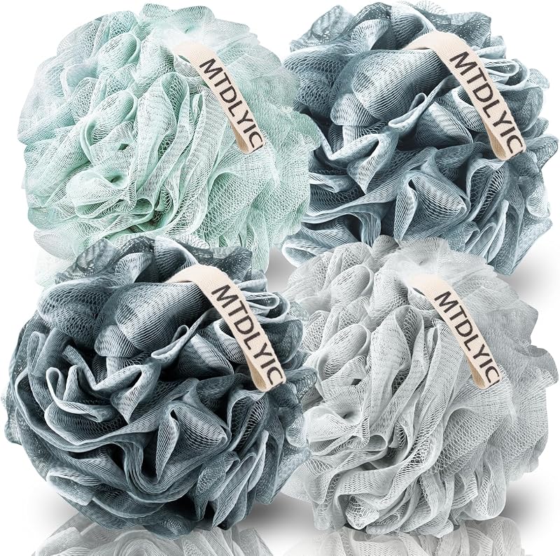 Loofah Sponge, XXL Large Loofah 100g 4 Pack, Bath Sponge Soft Mesh Shower Loofah for Men, Body Scrub, Shower Pouf Bath Accessories, for Body Wash, Soap (Blue Gray)