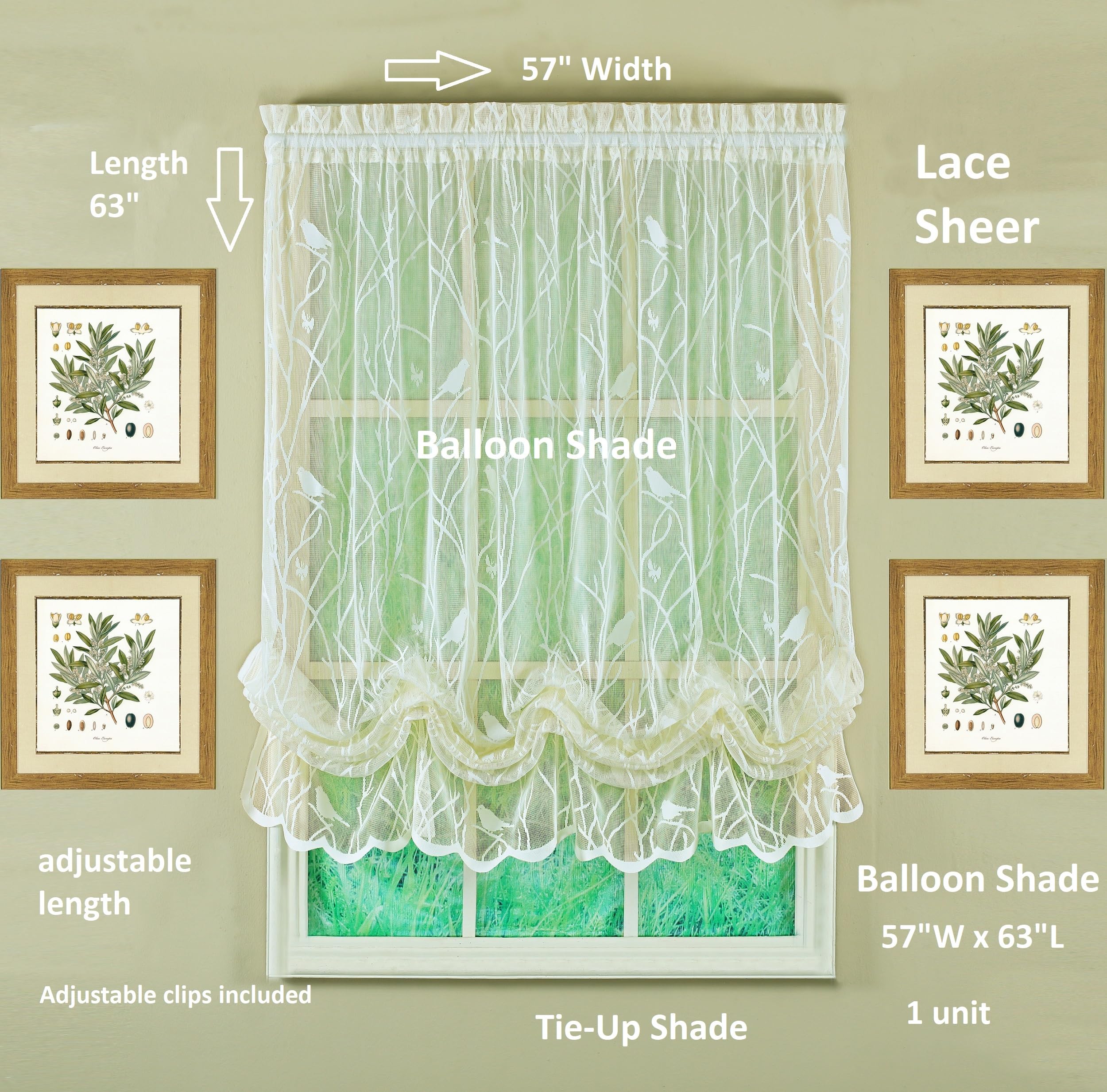 Today's Curtain, Songbird Semi-Sheer Lace Balloon Shade, Ivory, 57" W x 63" L, W 57" x L 63" (1 Panels) - Image 2