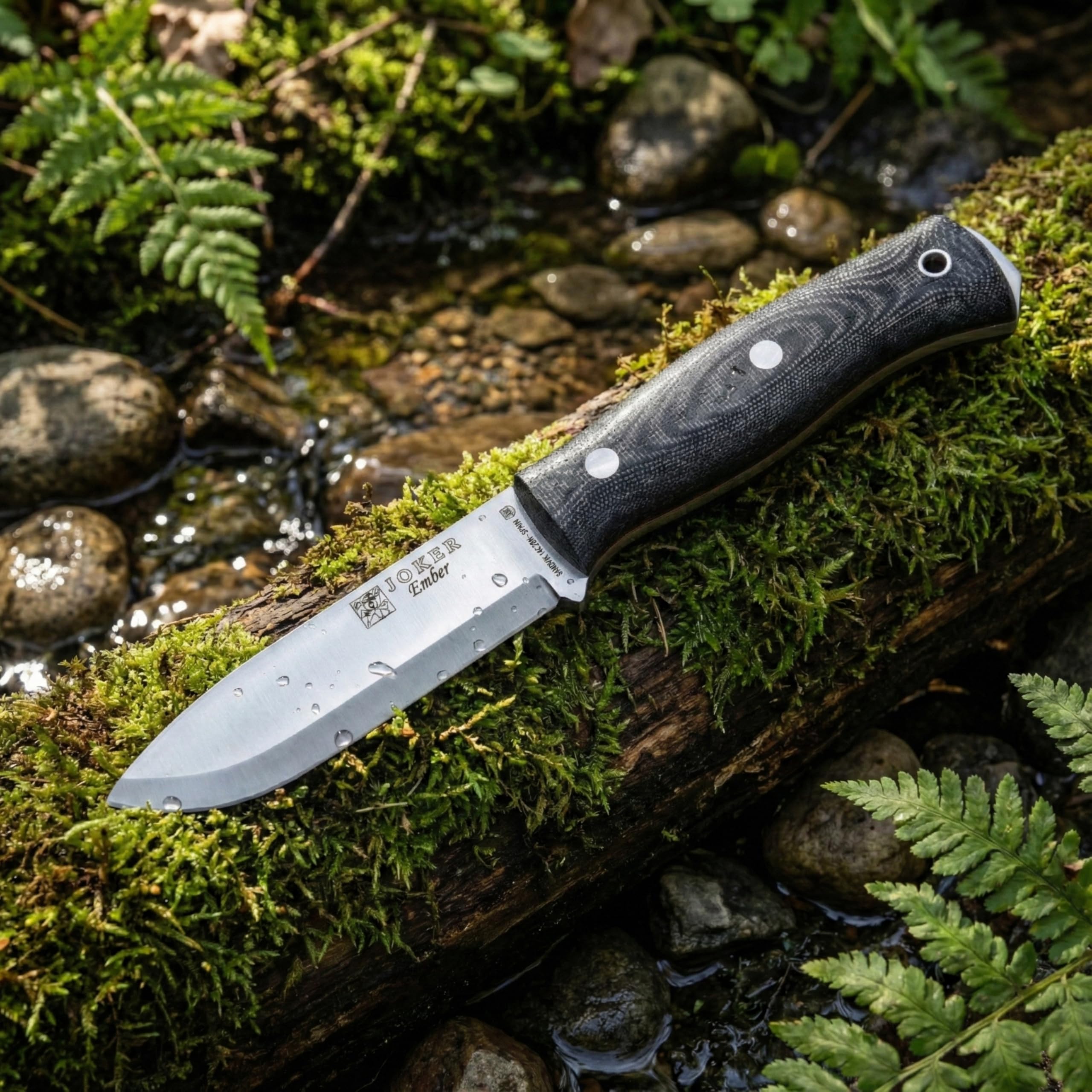 Joker Nóż survivalowy Ember Scandi CM122, ostrze 10,5 cm ze stali Sandvik 14C28N, uchwyt Micarta Canvas, skórzana pochwa, w zestawie z parakordem, narzędziem do wędkowania, polowania, na kemping i