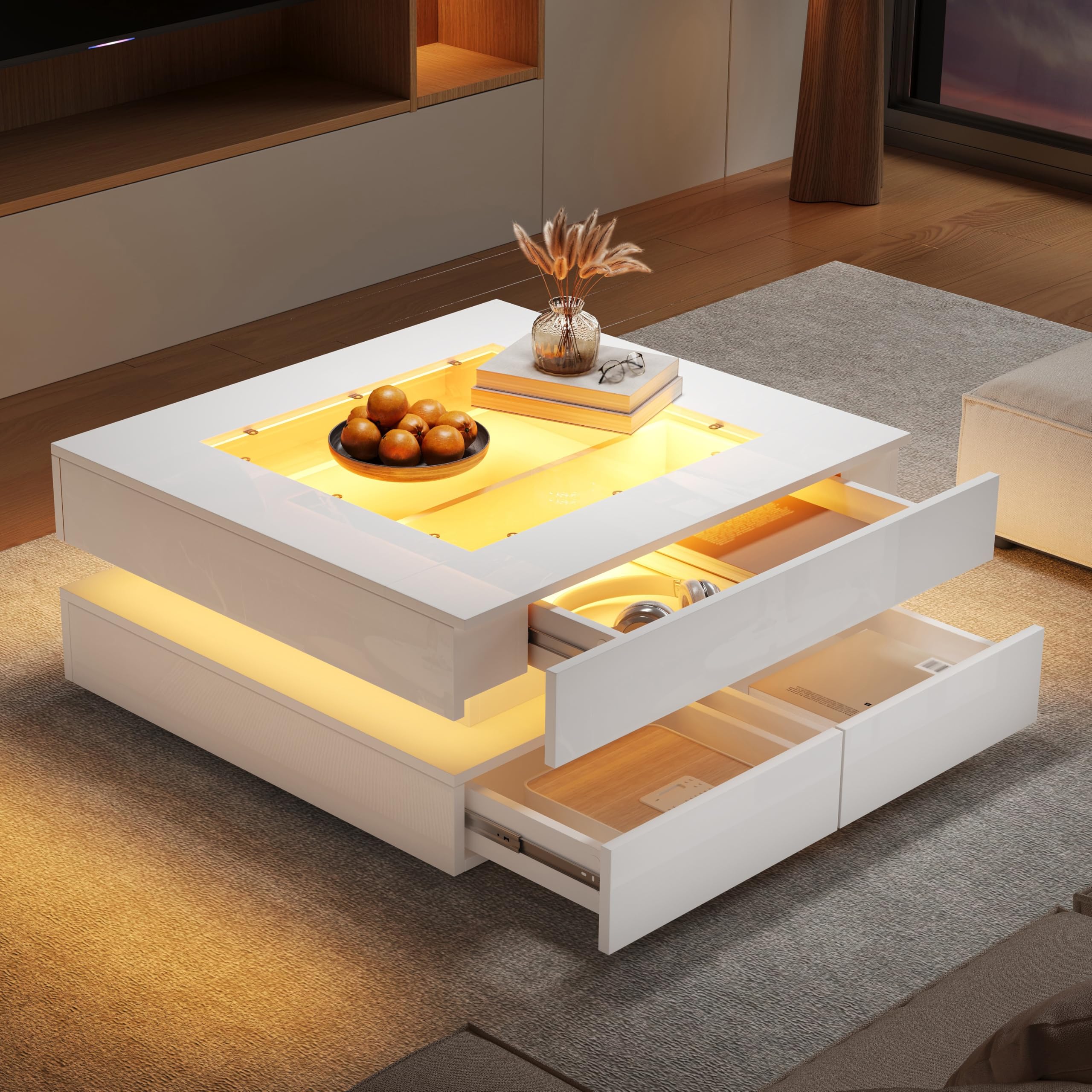 ModernLuxe High Gloss Coffee Table with 3 Drawers and LED Lights, Square Glass Top Side Table for Living Room or Office, White, 70 x 70 x 35 cm — image 1