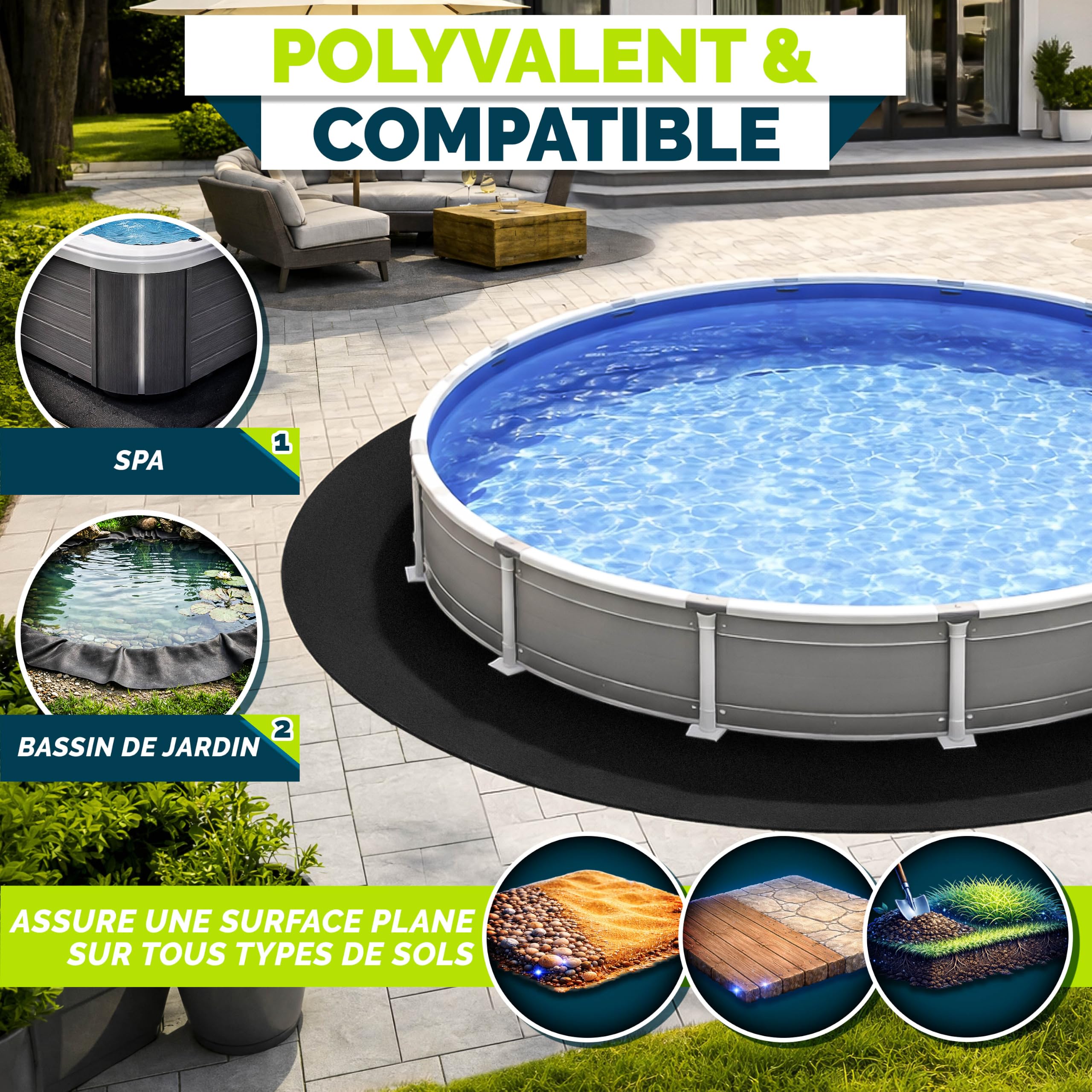 tillvex® Tapis de piscine de qualité supérieure 400 g/m² - Géotextile - Bâche de sol à découper - Tapis de protection de sol pour piscines et piscine - Tapis de protection de sol indéchirable (rond