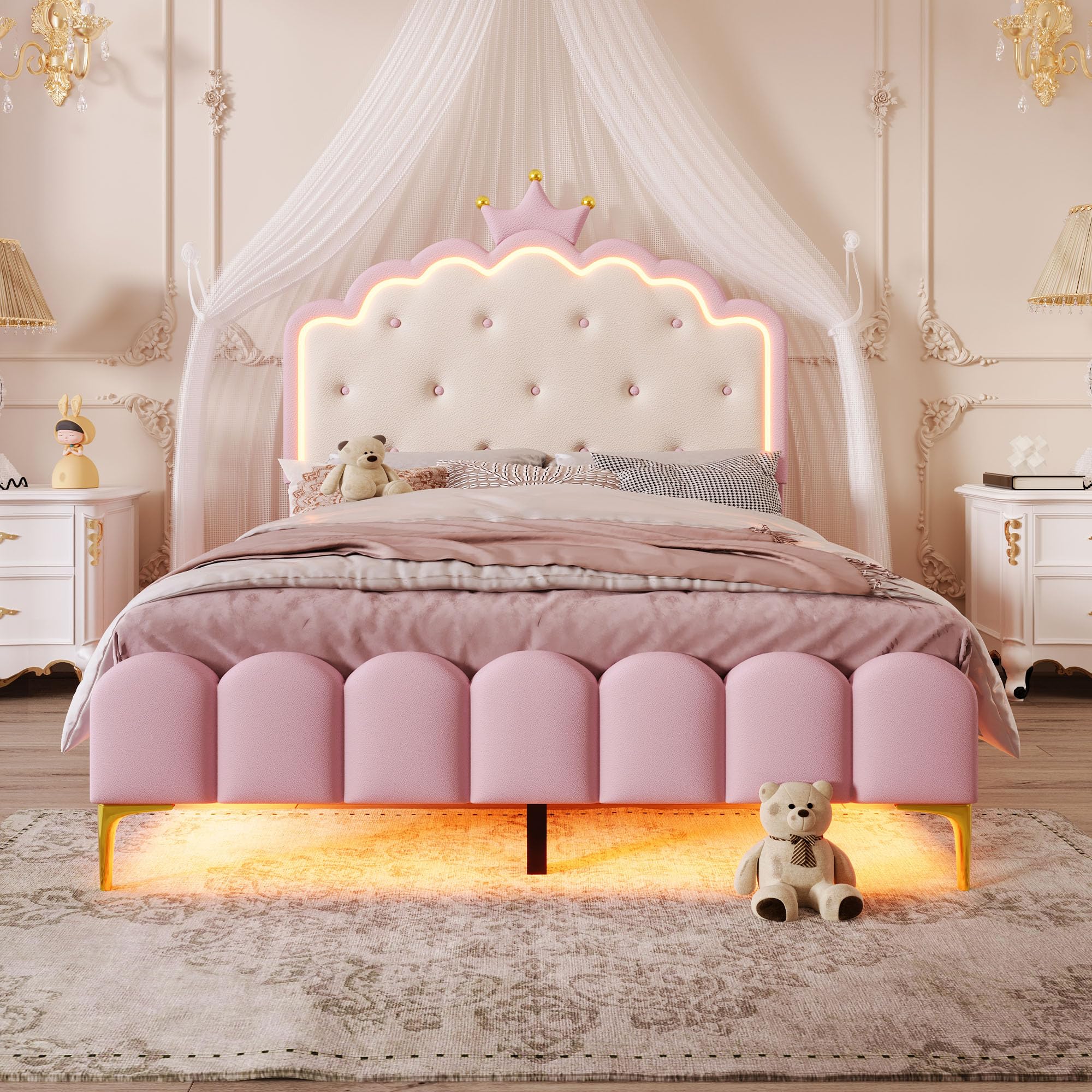 Lubvtti Letto per bambini 140x200cm con luce ambiente,letto singolo forma a corona di principessa,letto matrimoniale 140x200 con rete a doghe,PU,senza materasso,rosa