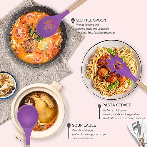 Miniatura 5 de Juego de utensilios de cocina de 12 piezas antiadherentes de silicona con mango de madera, utensilios de cocina de silicona con soporte, aptos para