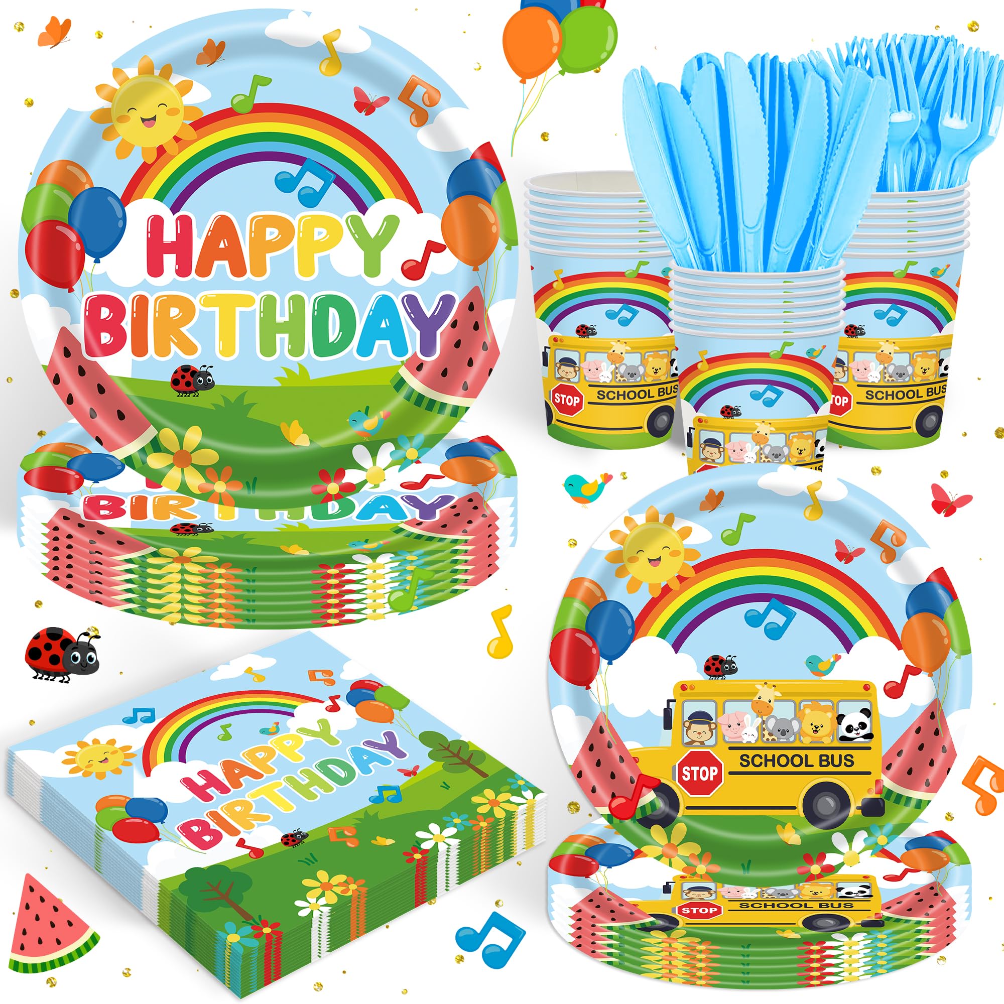 120PCS Cartoon Melon Birthday Party Supplies for Boys and Girls 1st 2rd Birthday Party School Bus Rainbow Watermelon Tableware Set Napkin Cups Forks Knives for 20 Guests