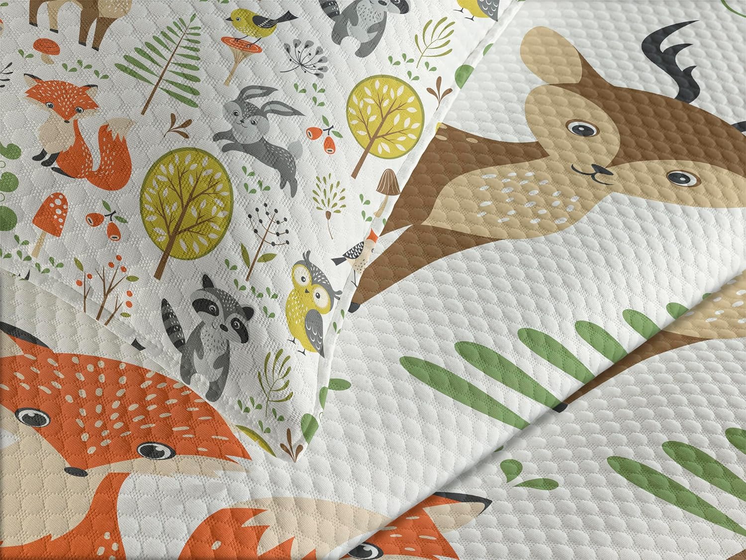 Lunarable Animals Bedspread, Woodland Forest Animals Trees Birds Owls Fox Bunny Deer Raccoon Mushroom Print, Decorative Quilted 2 Piece Coverlet Set with Pillow Sham, Twin Size, Orange Brown