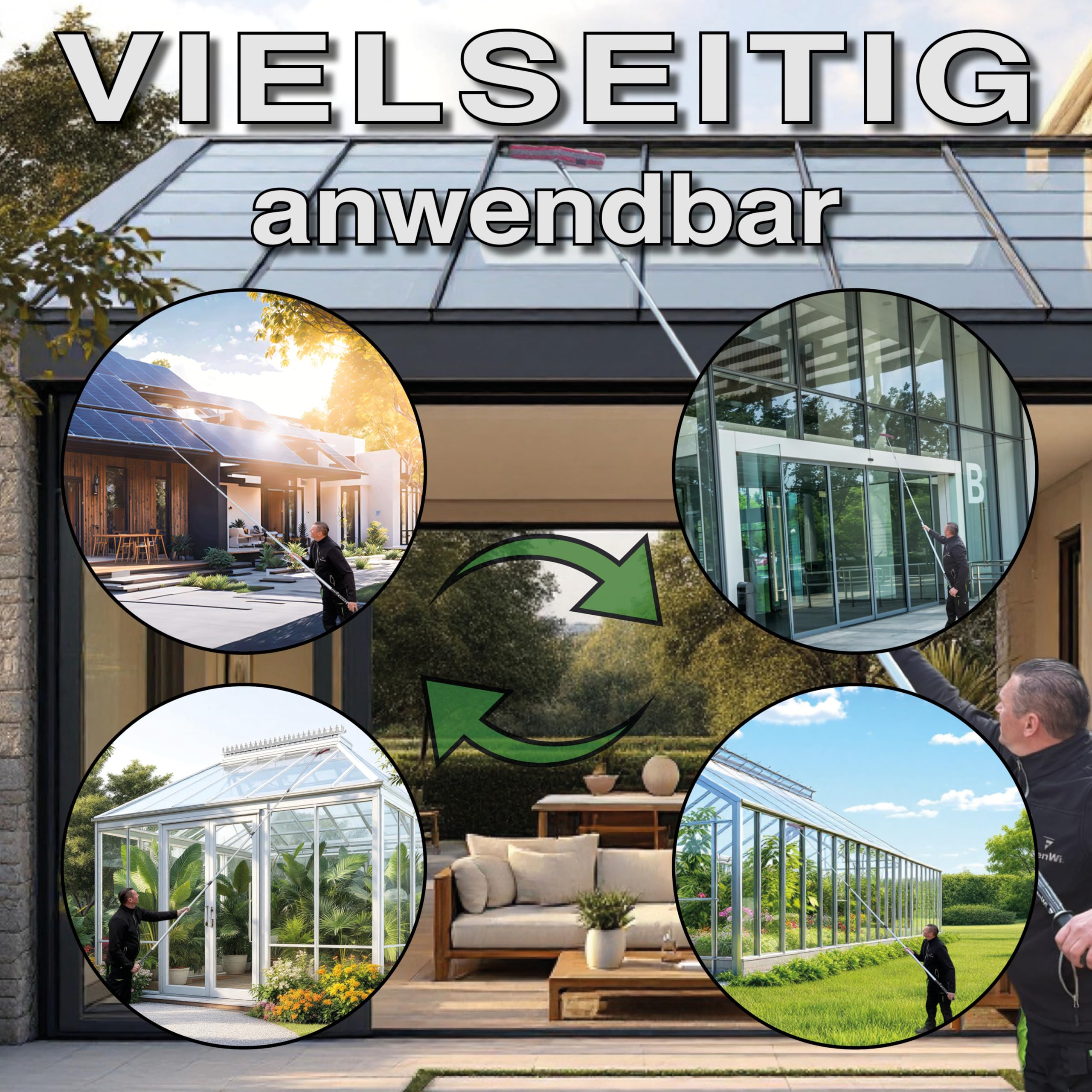 FenWi 6m Teleskop Fensterputzer Profi Set mit Abzieher und Wischer 45/50cm | 45cm Gummilippe, Kombi Fensterwischer, Gelenk Alu Teleskopstange 600 cm, für Wintergarten, breite Fenster und Solar Reinigung