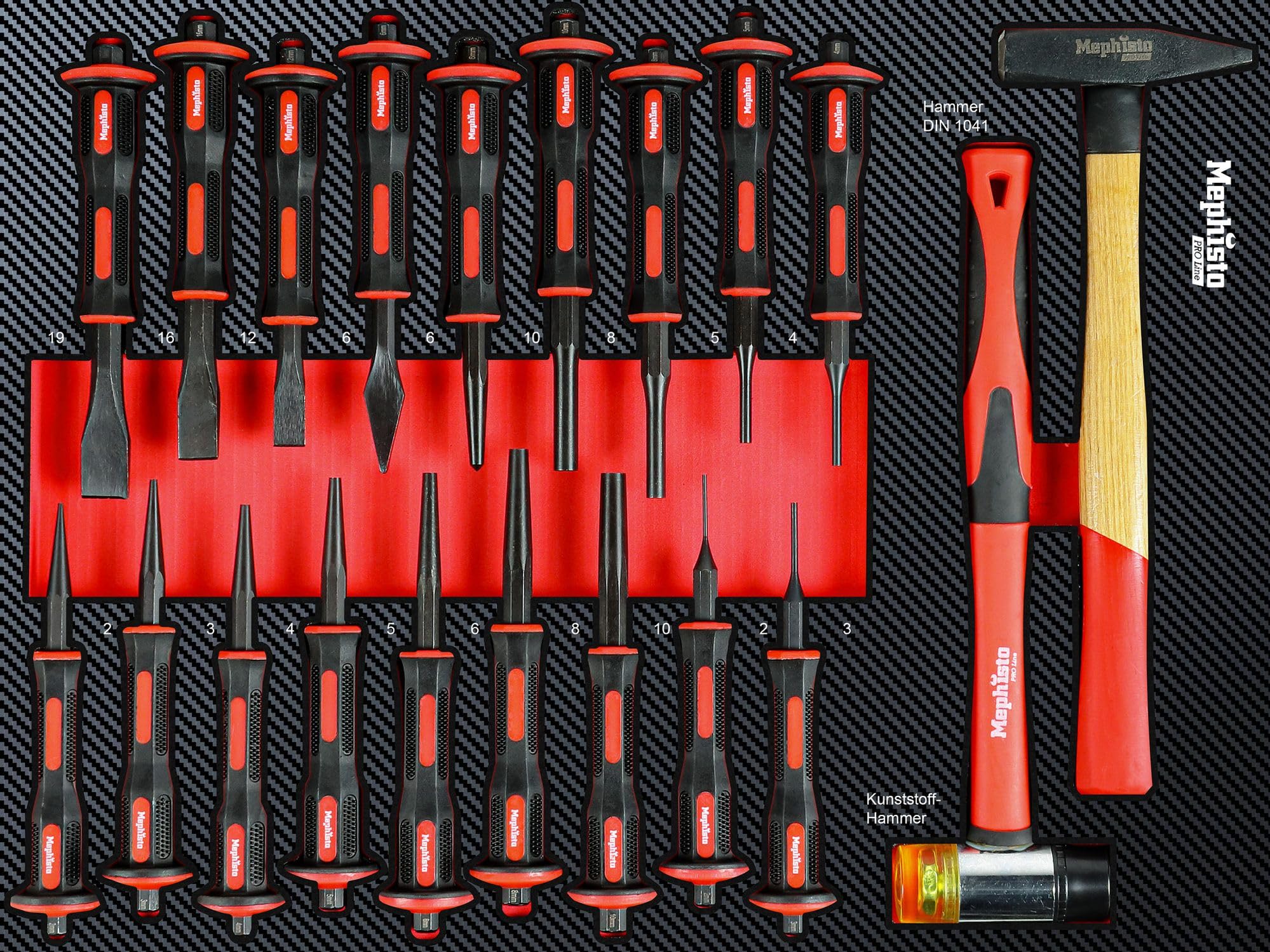 Mephisto Pro Line - Juego de accesorios para carro de taller, diseño de martillo y punzones