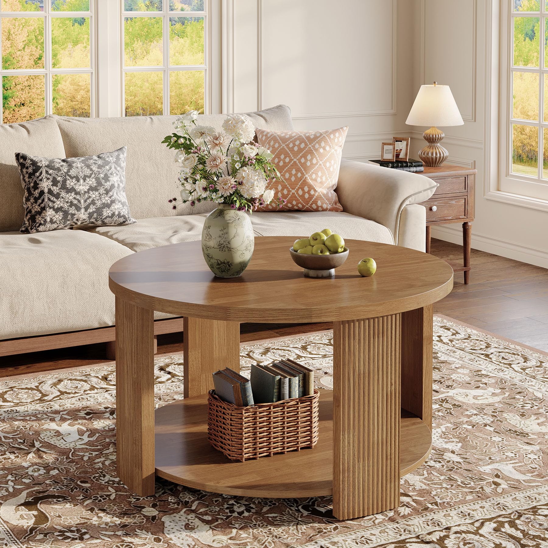 Tribesigns Round Coffee Table, 2-Tier Living Room Table with Thick Tabletop, 80 cm Mid-Century Modern Circle Accent Center Table for Small Space Living Room Bedroom Office(Rustic Brown)