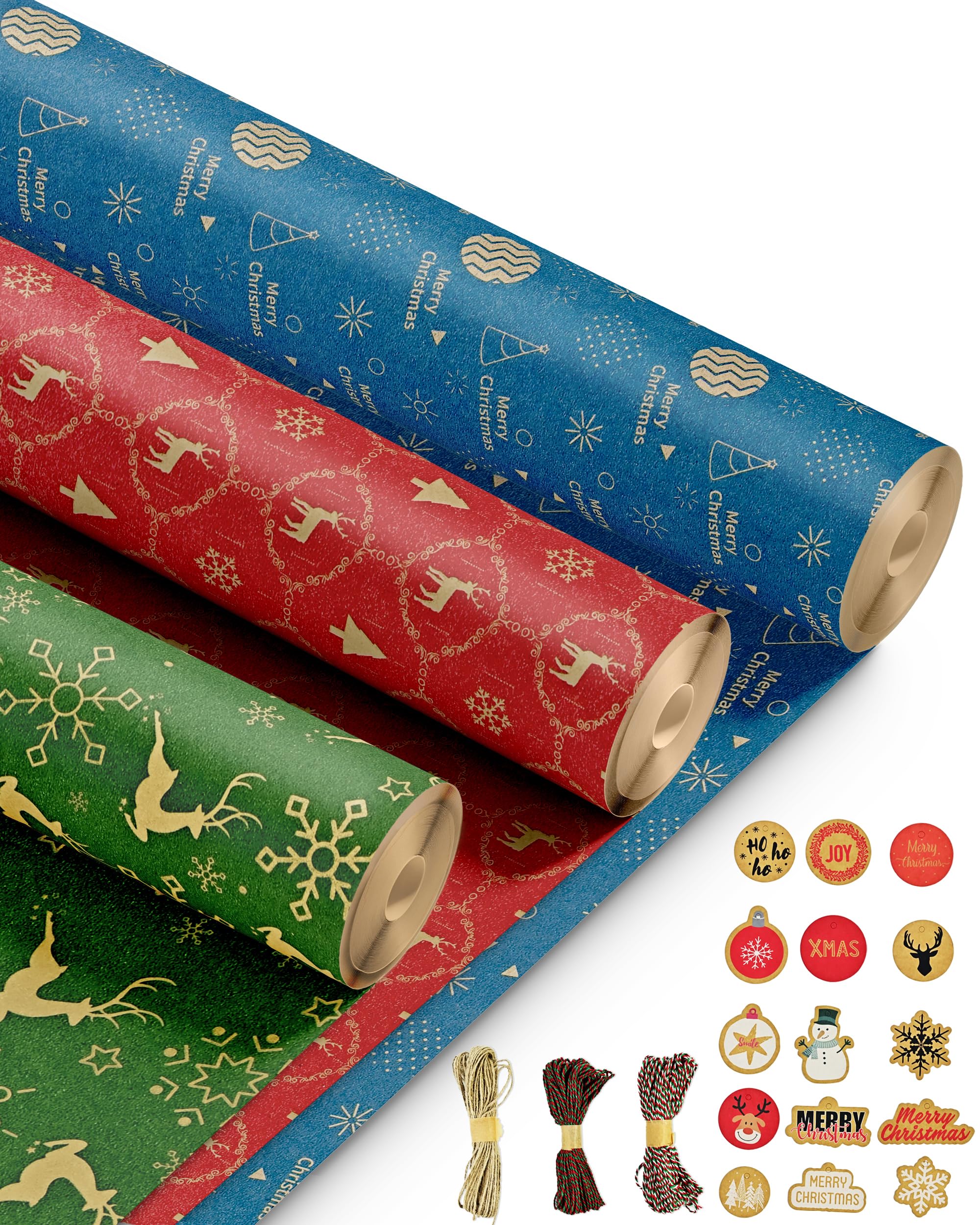 Kraft & Co – 3 Pack Kraft Christmas Wrapping Paper Rolls 69cm x 8m, Recycled & Eco-Friendly Gift Wrap with 15 Tags & 3-Color Twine, Christmas Wrap Tear-Resistant, Sustainable Packaging, Total 24m Rol