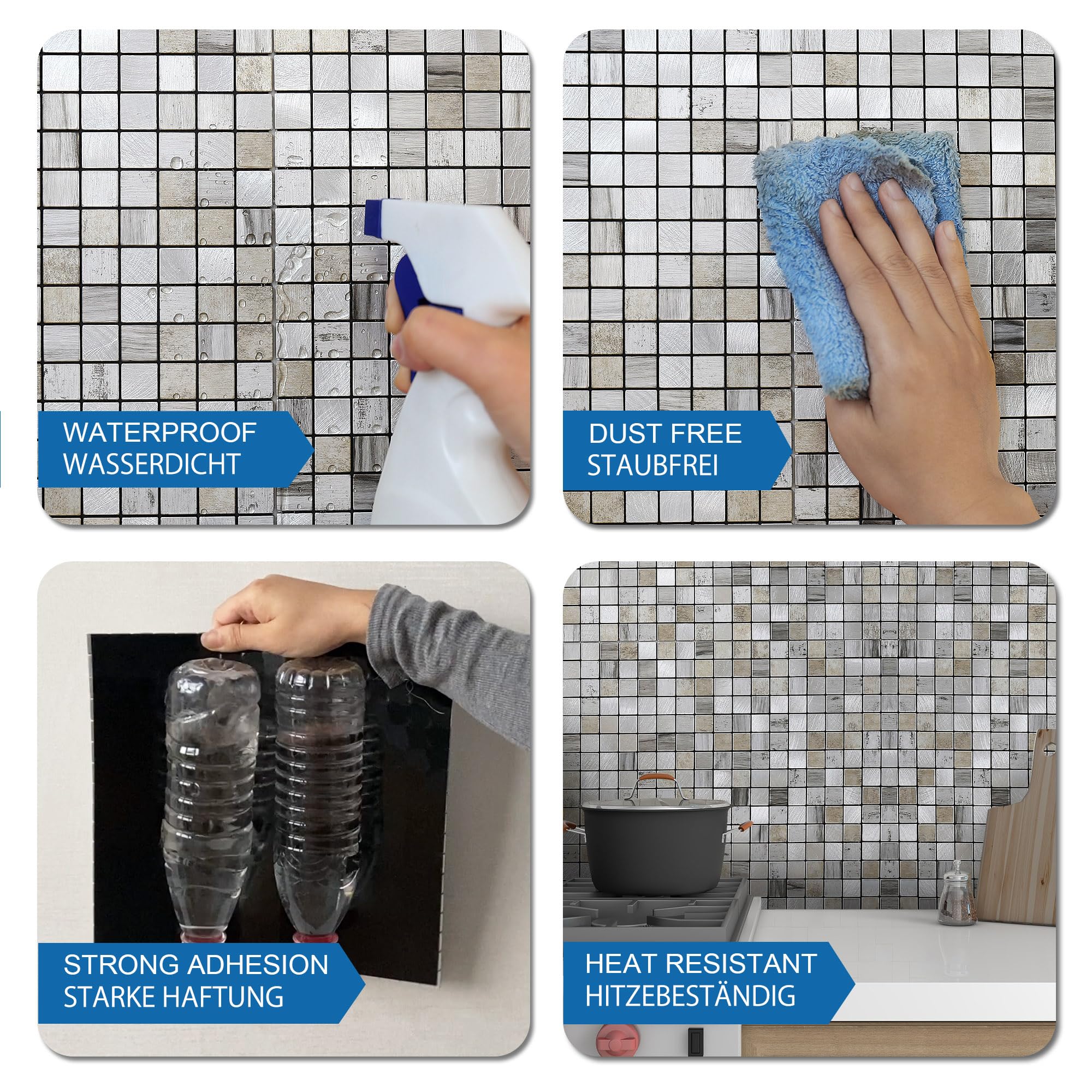 Mosaikfliesen Selbstklebend Küche 3D Wandfliesen Aufkleber Metallfliesen Quadratisch Grau 10 Stück
