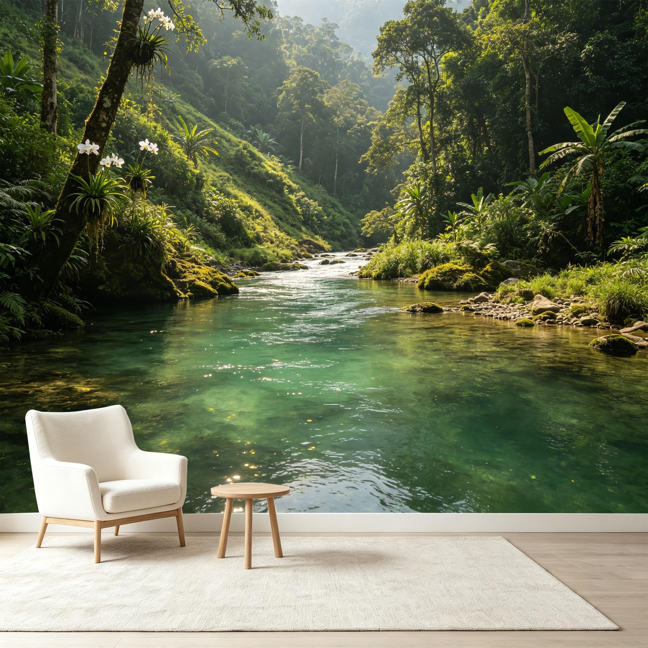 Custom Size Wall Murals Tropical Rainforest River Landscape Botanical White Orchids Self-Adhesive Wall Fabric Removable Wallpaper Wall Decor for Living Room Bedroom Bathroom