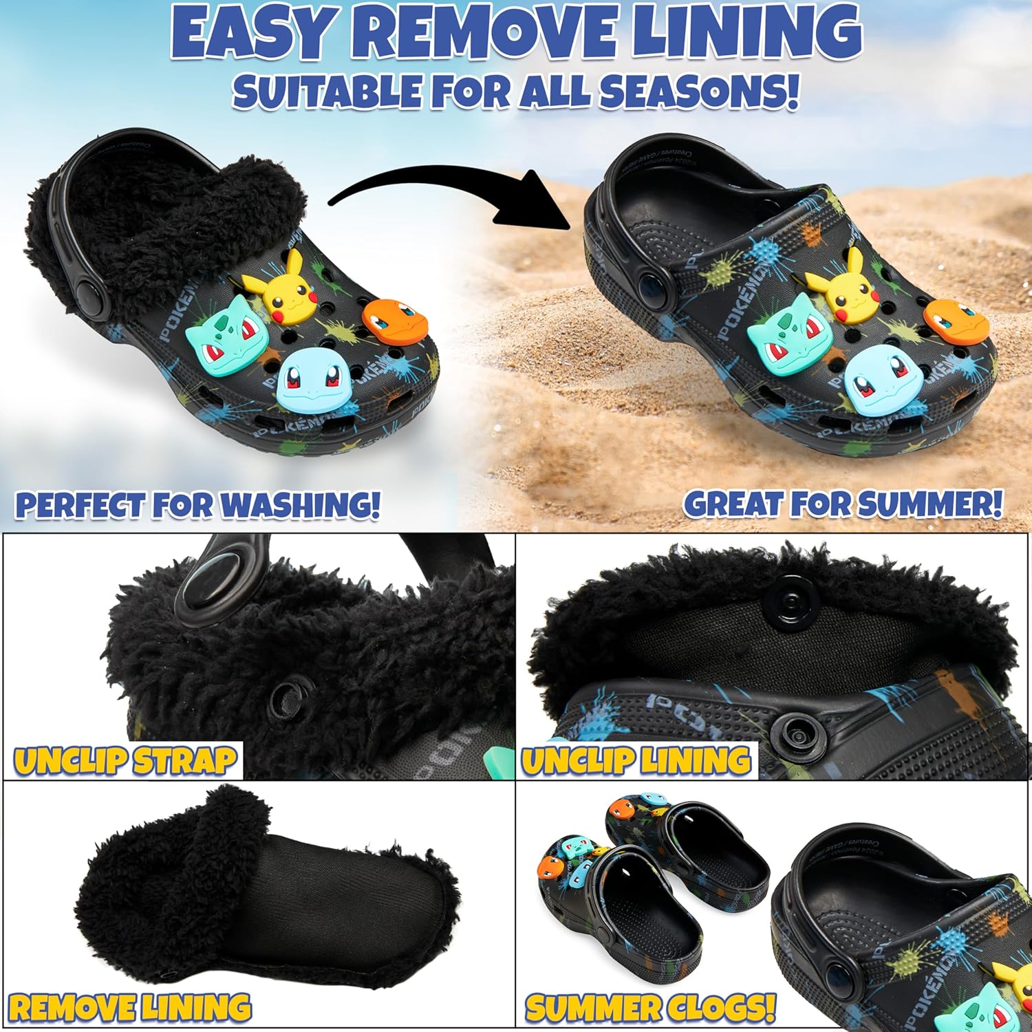 Pokemon Boys Clogs with Removable Fur Lining & Charms, Anime Gifts for Boys 6 91l+Zyaht+L. AC SL1500