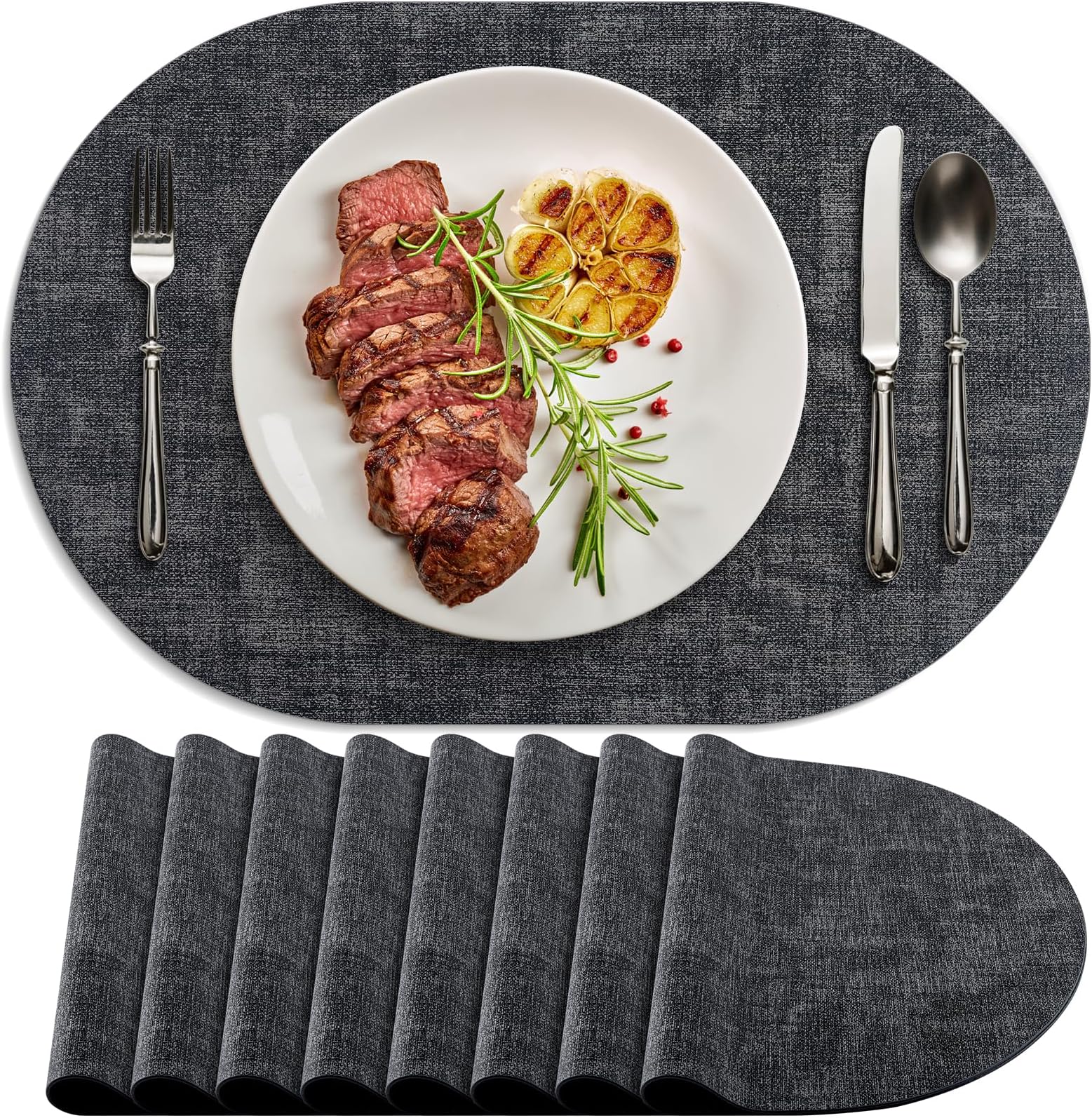 Placemats Set of 8 Non-Slip, Heat Resistant Oval Leather Place mats Double Layer, Waterproof Table Mats Easy to Clean for Kitchen Dining Room Coffee Office Table, Charcoal