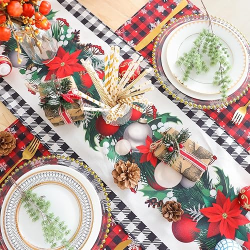 Miniatura 3 de Fixwal Camino de mesa de Navidad a cuadros de búfalo blanco y negro, 72 pulgadas, conos de pino, bayas rojas, decoración de mesa de invierno para el